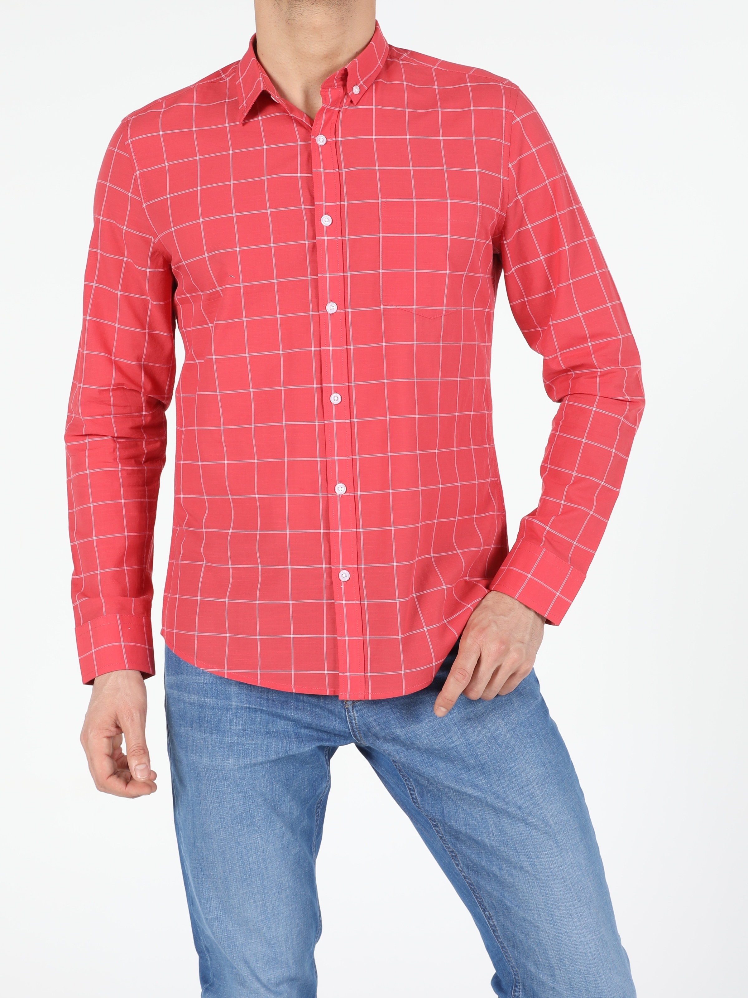 Colins Kırmızı Slim Fit Shirt Neck Erkek Uzun Kol Gömlek. 1