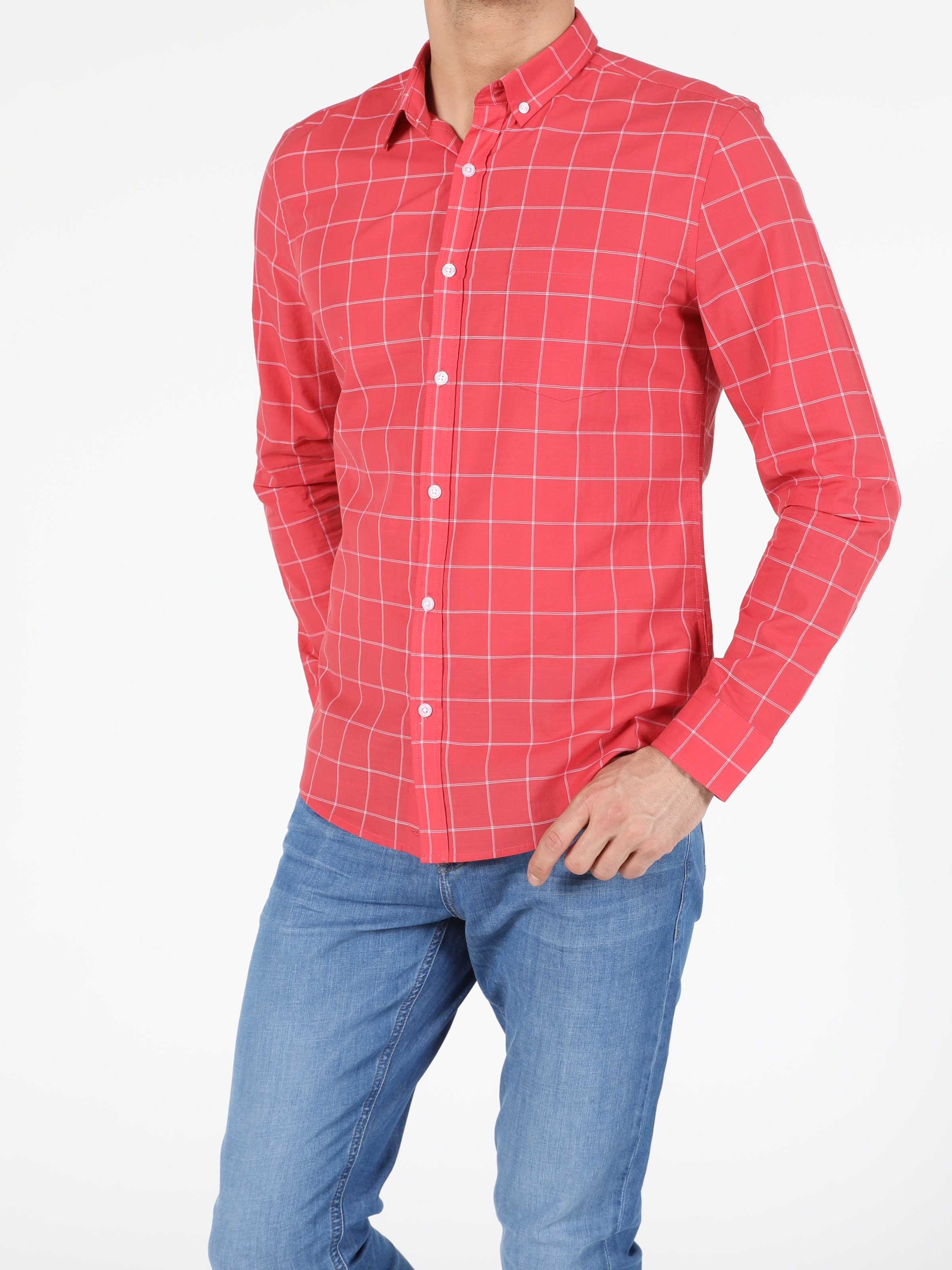 Colins Kırmızı Slim Fit Shirt Neck Erkek Uzun Kol Gömlek. 3