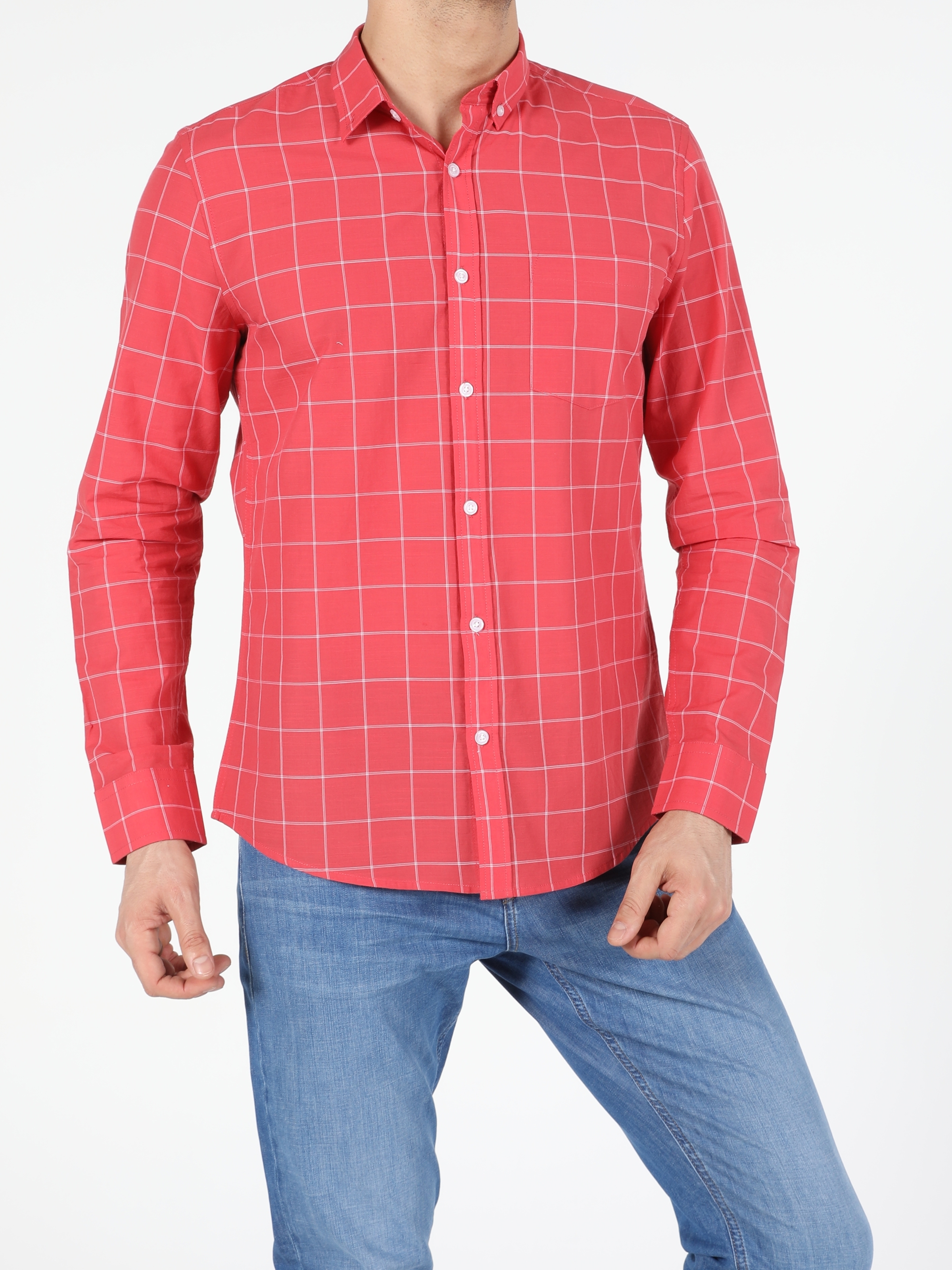 Kırmızı Slim Fit Shirt Neck Erkek Uzun Kol Gömlek Cl1049283