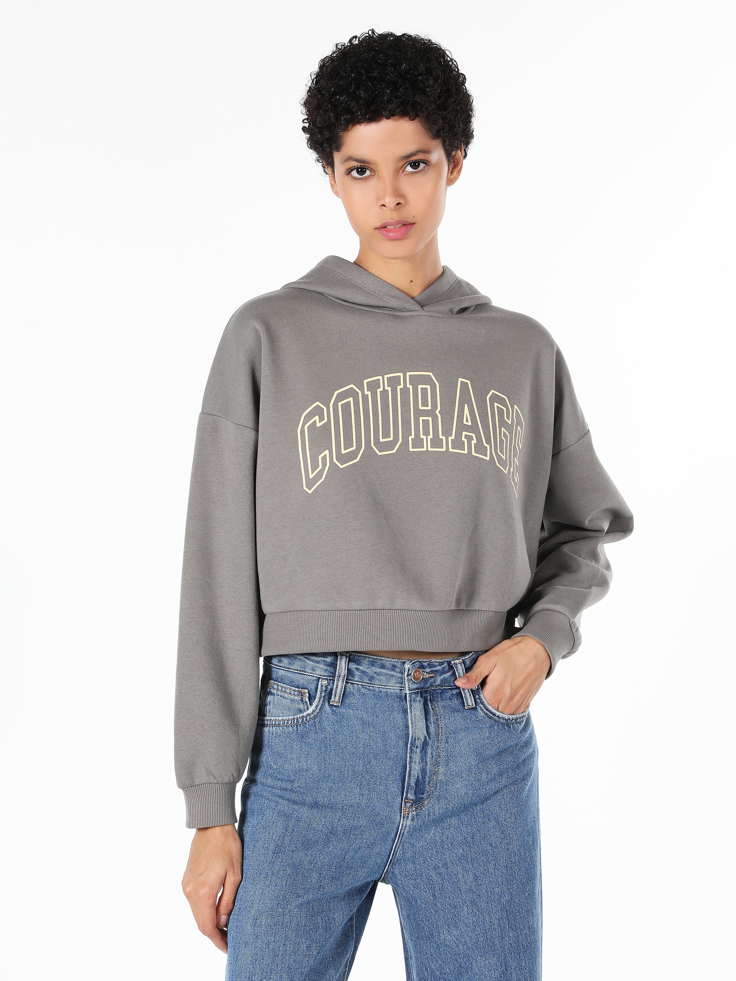 Colins Comfort Fit Kapüşonlu Baskılı Koyu Gri Kadın Sweatshirt. 1