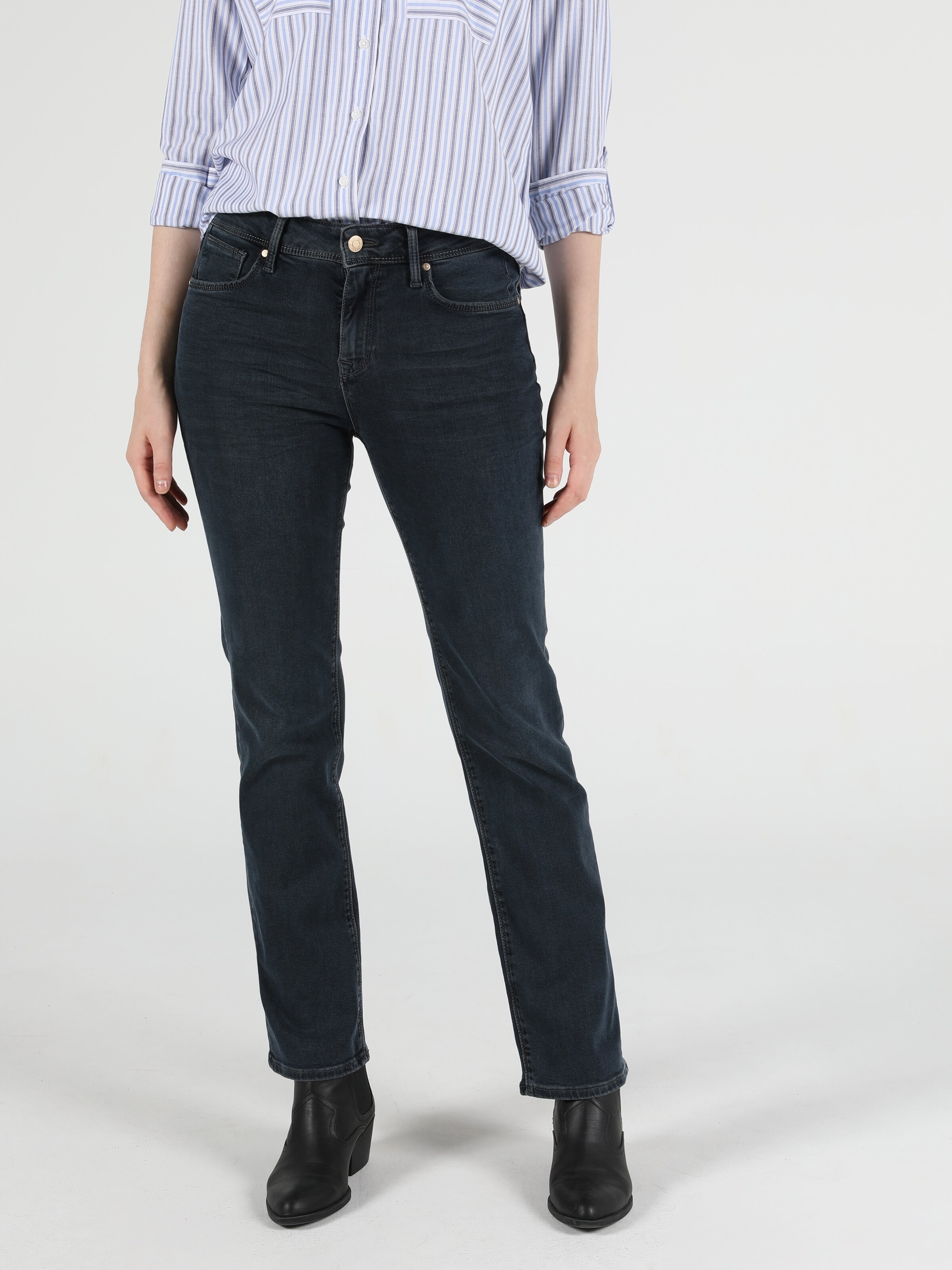 Colins 792 Mıla Orta Bel Düz Paça Regular Fit Koyu Mavi Kadın Jean Pantolon. 1