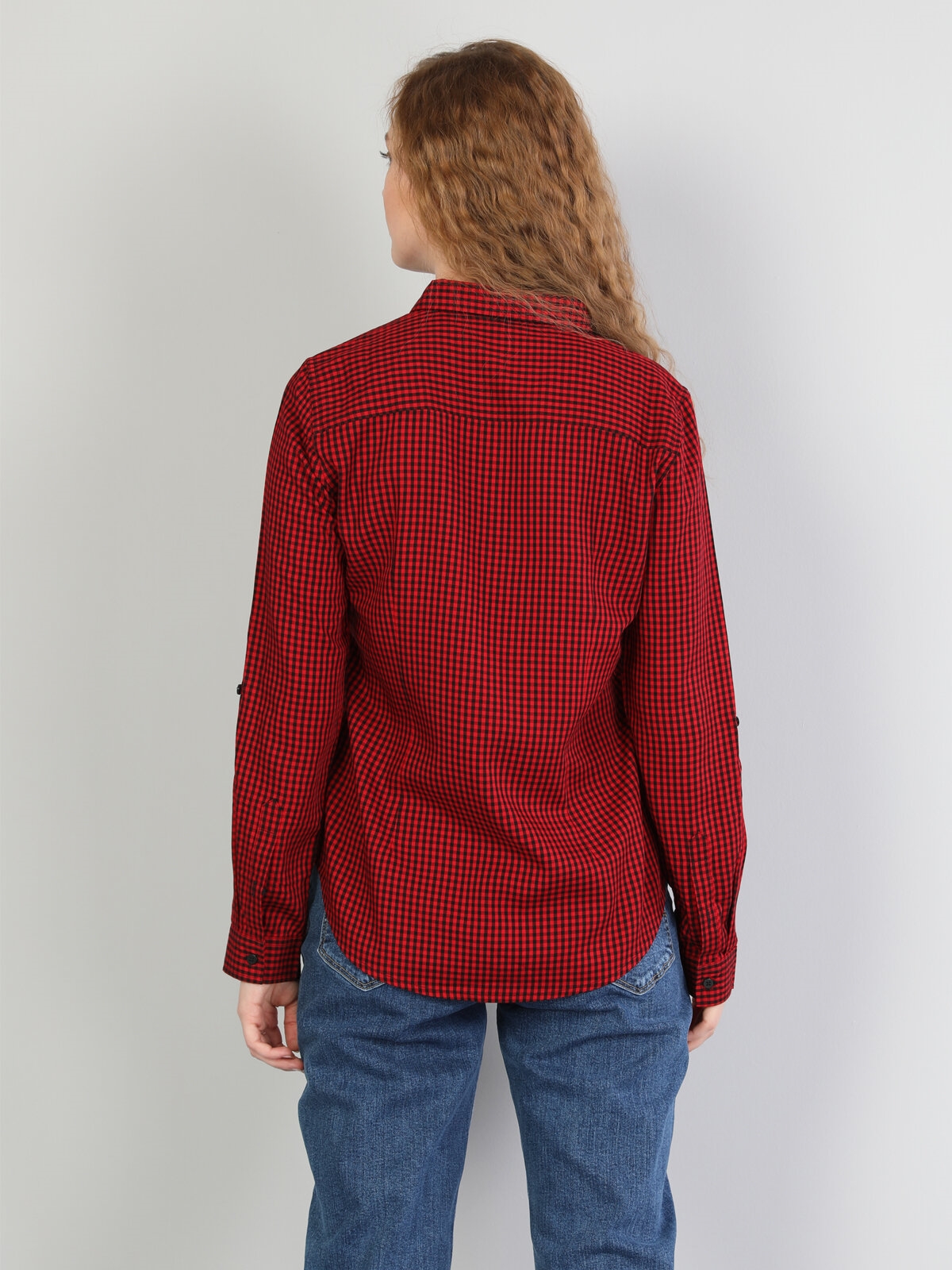 Kareli Cepli Regular Fit Kadın Kırmızı Uzun Kol Gömlek