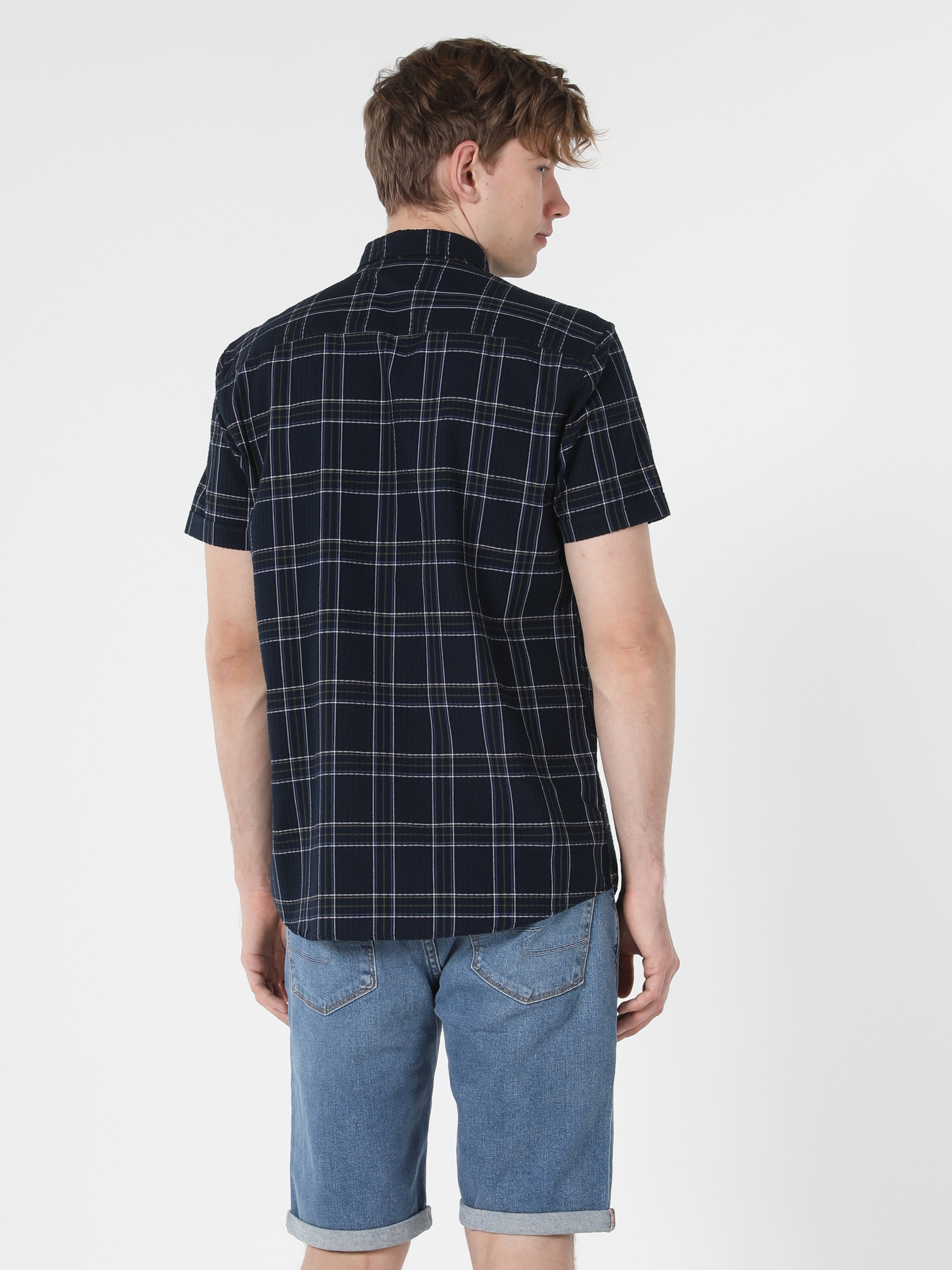 Regular Fit Shirt Neck Kareli Lacivert Erkek Kısa Kol Gömlek