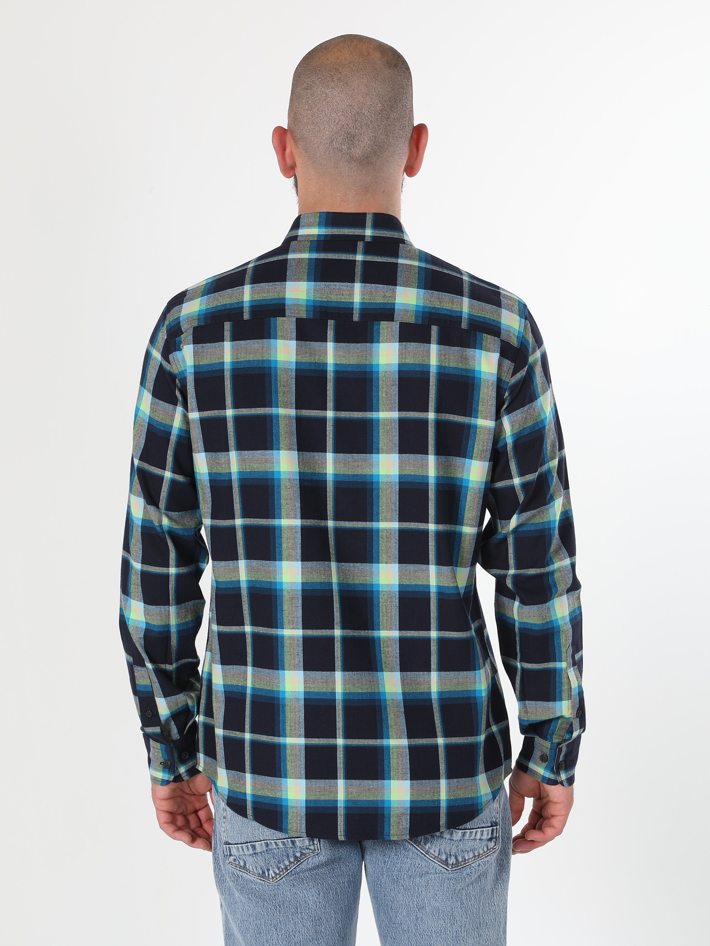Regular Fit Shirt Neck Kareli Lacivert Erkek Uzun Kol Gömlek Cl1059615