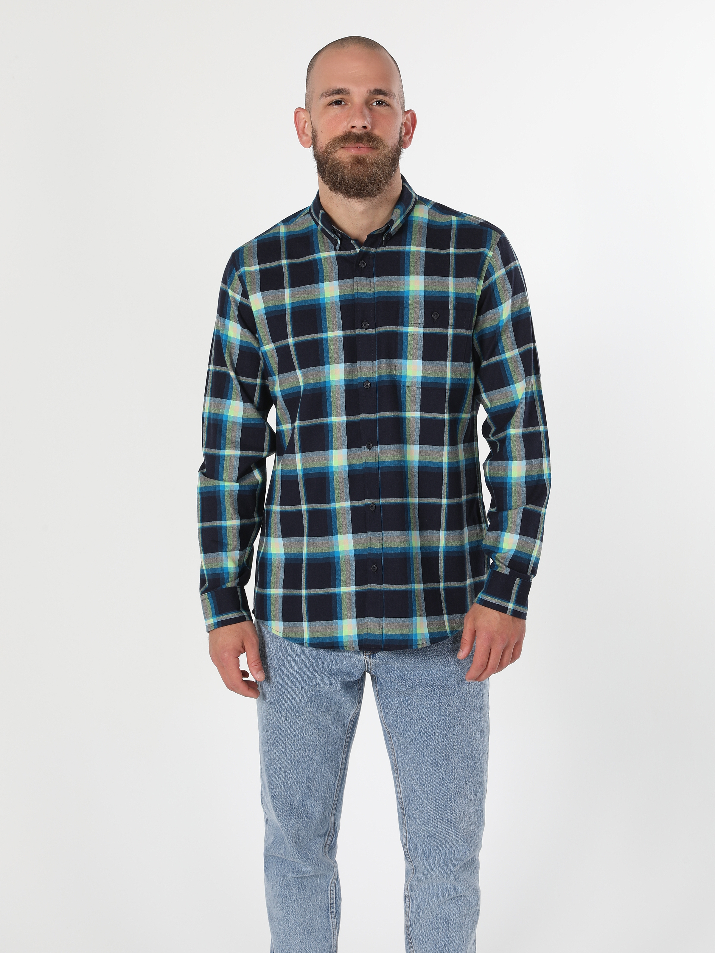 Regular Fit Shirt Neck Kareli Lacivert Erkek Uzun Kol Gömlek Cl1059615