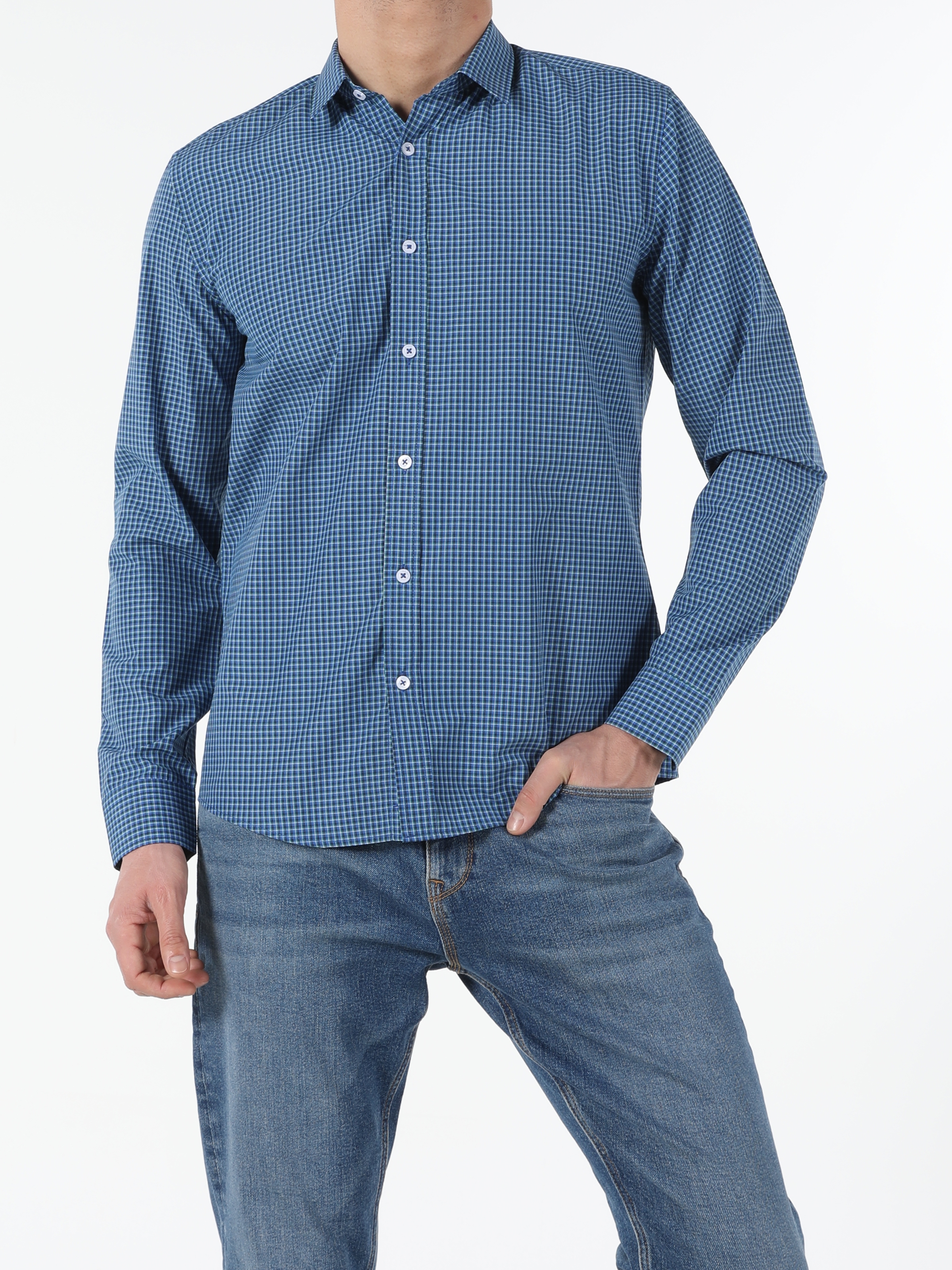 Regular Fit Shirt Neck  Erkek Lacivert Uzun Kol Gömlek Cl1052930