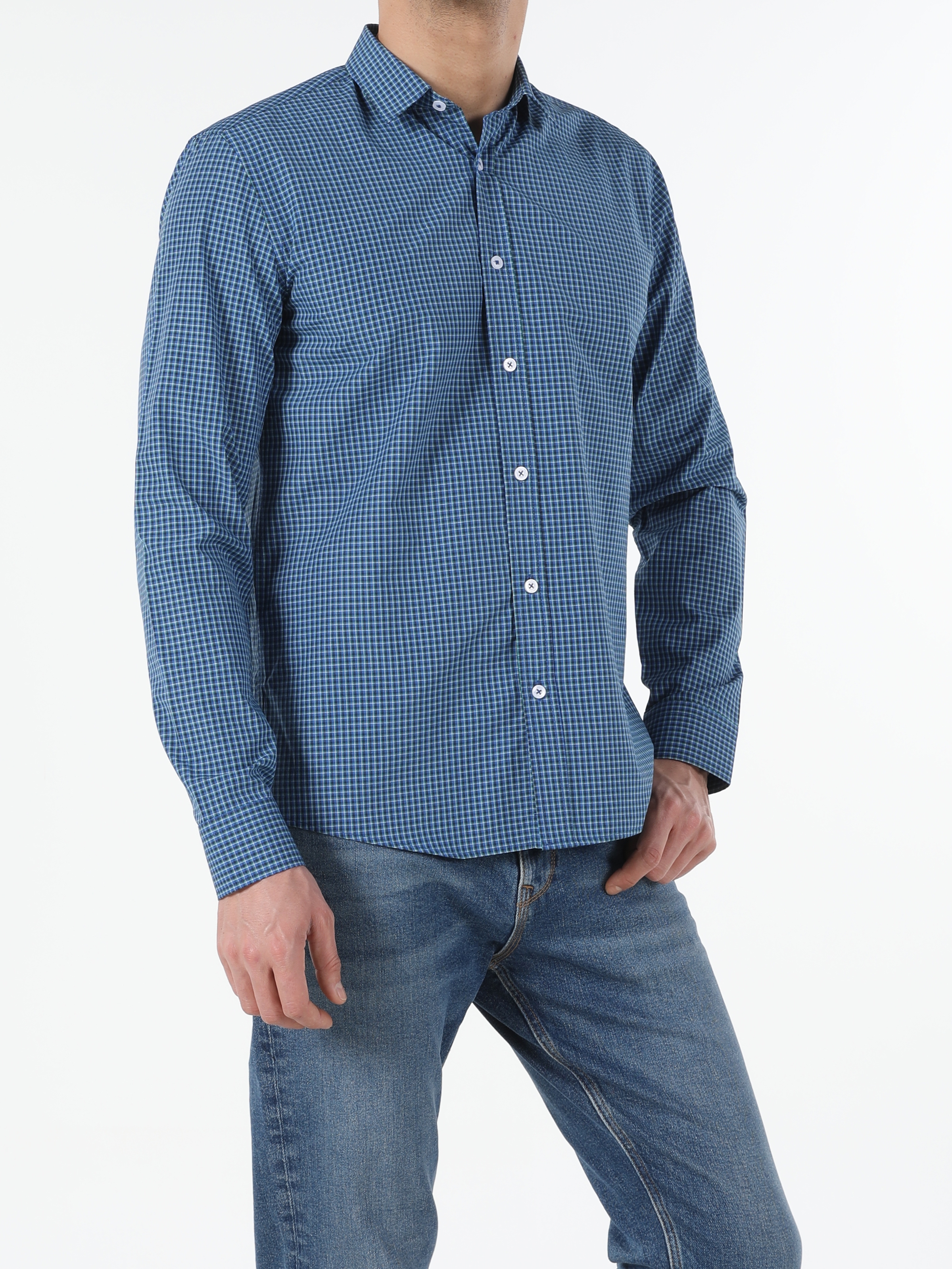 Regular Fit Shirt Neck  Erkek Lacivert Uzun Kol Gömlek Cl1052930