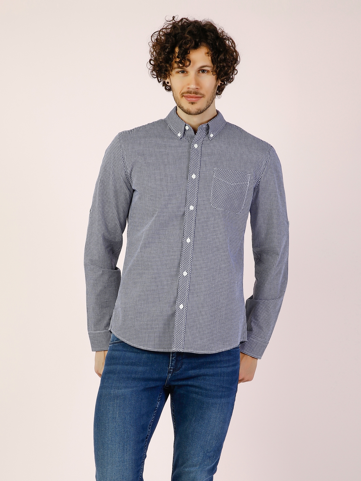  Modern Fit Shirt Neck Erkek Lacivert Uzun Kol Gömlek