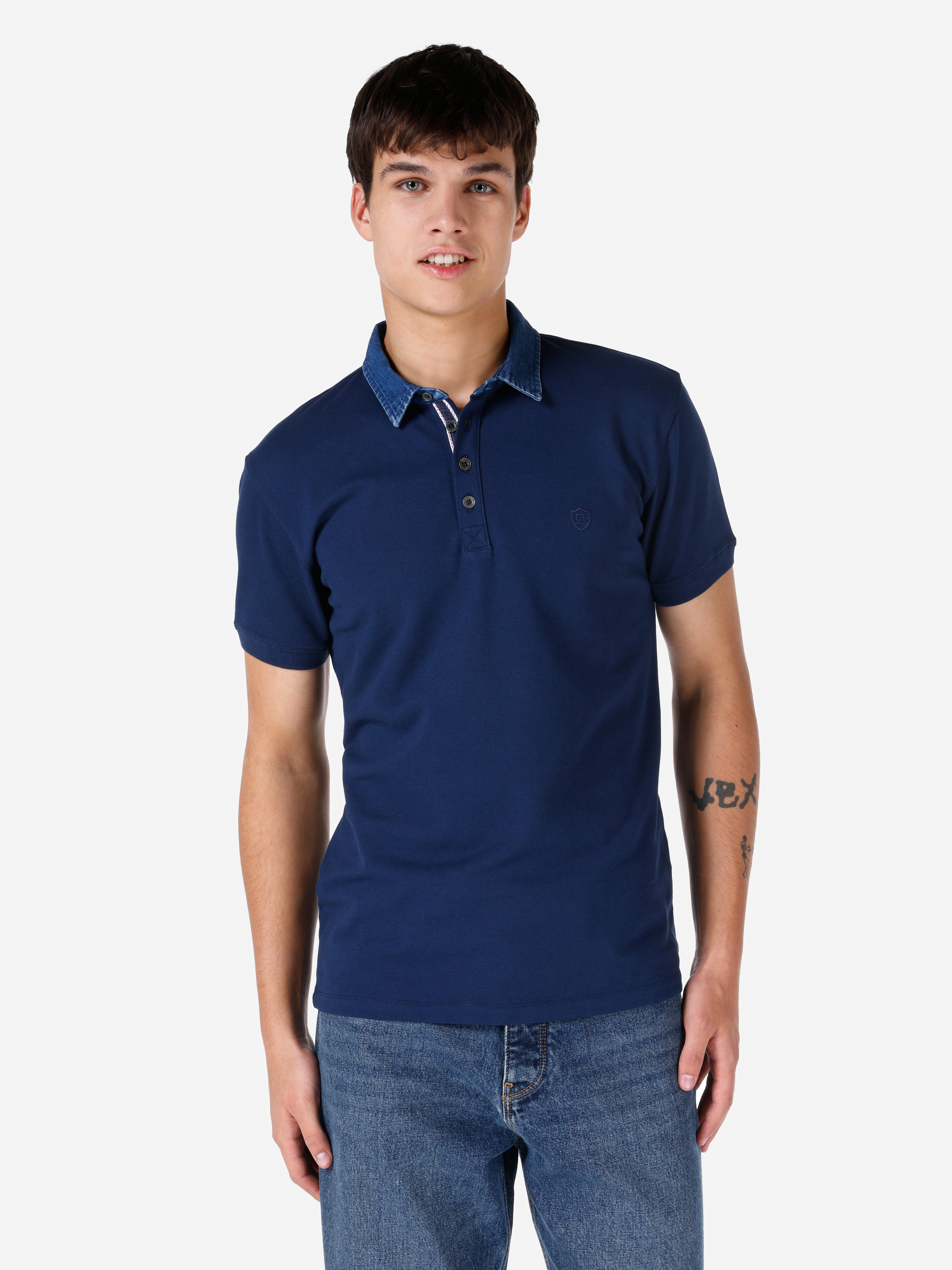 Slim Fit Düğmeli Lacivert Erkek Polo Yaka Kısa Kol Tişört Cl1064089