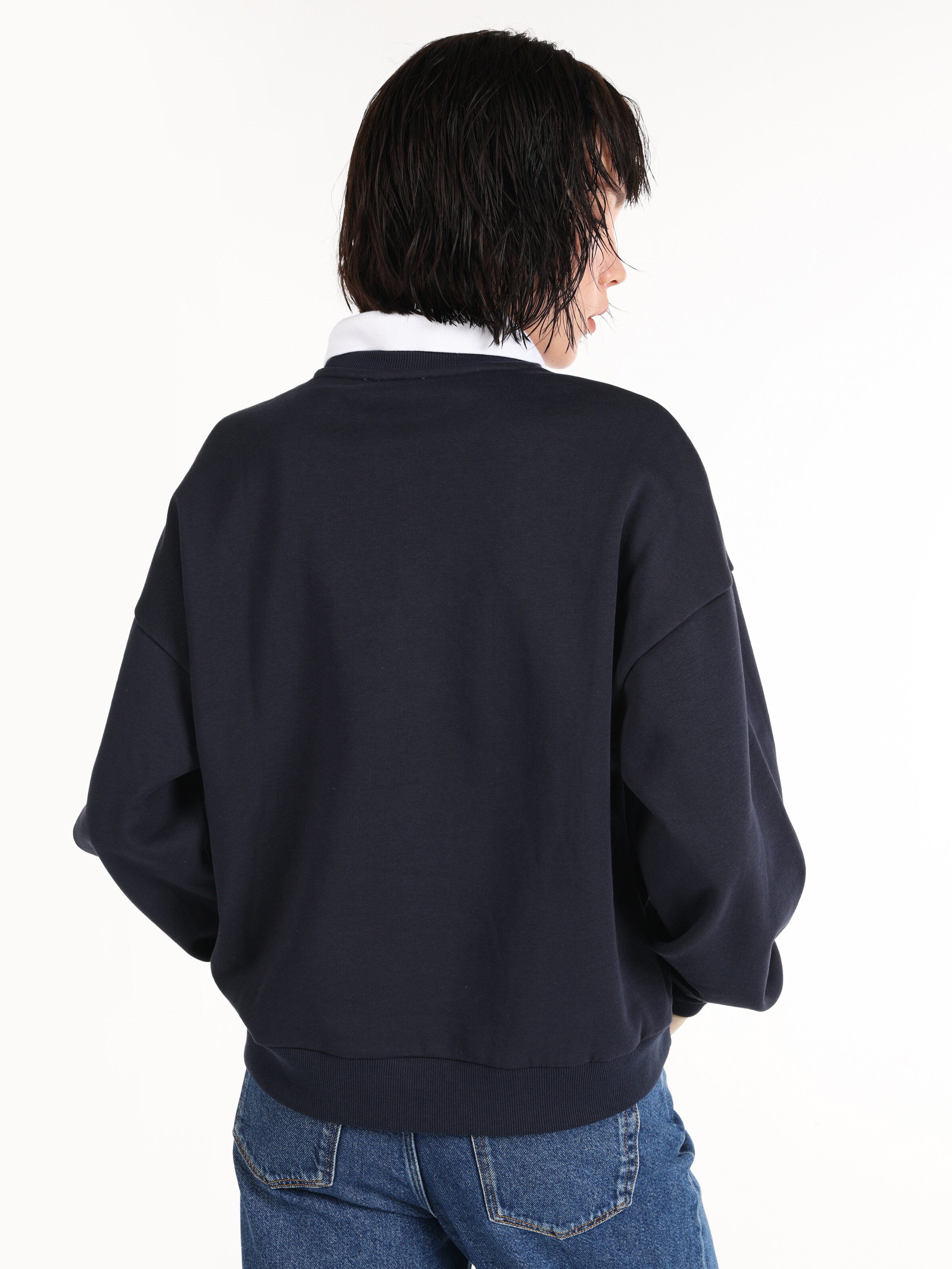 Regular Fit Gömlek Yaka Baskılı Lacivert Kadın Sweatshirt