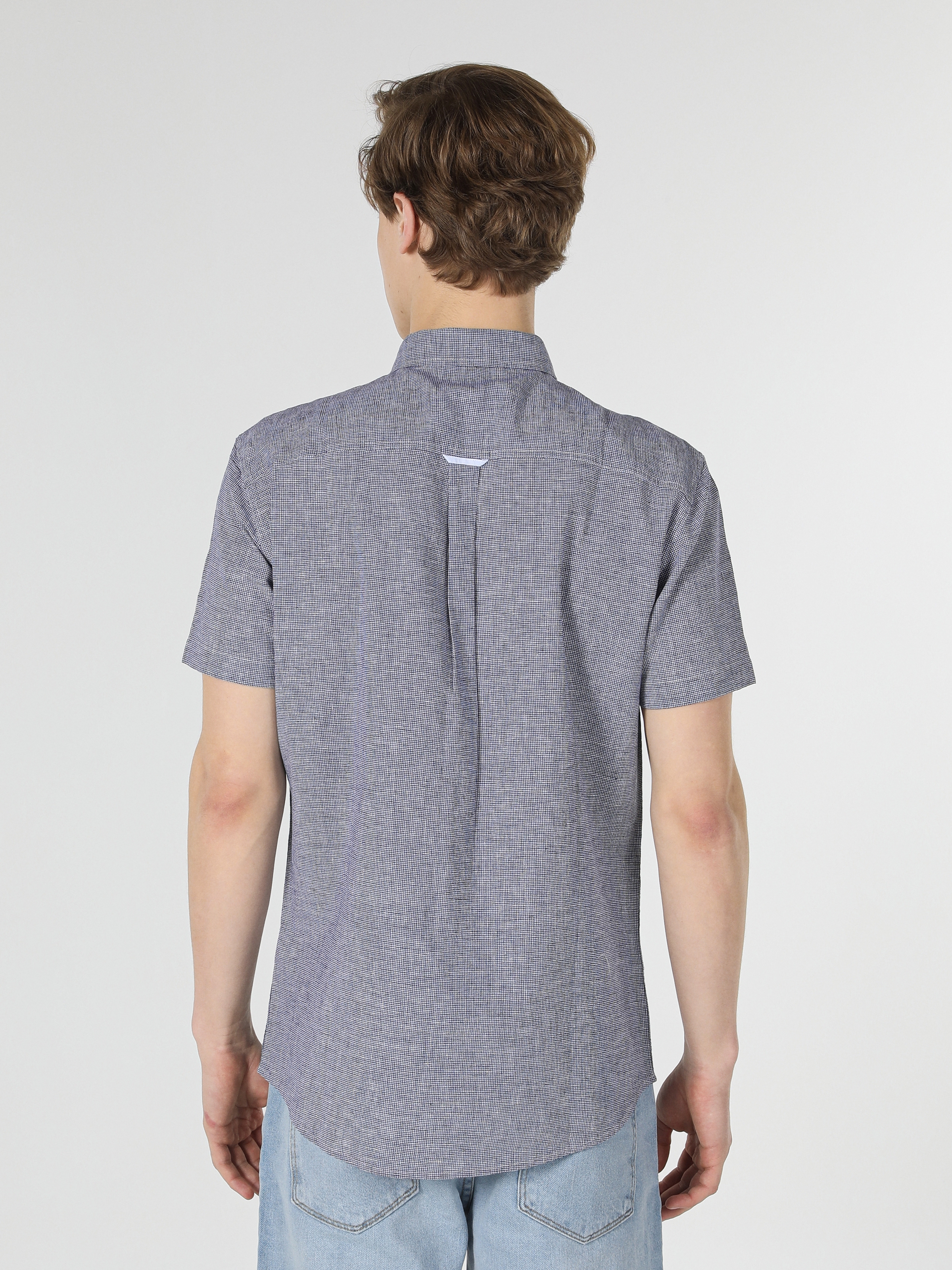 Regular Fit Shirt Neck Kareli Mavi Erkek Kısa Kol Gömlek Cl1049450