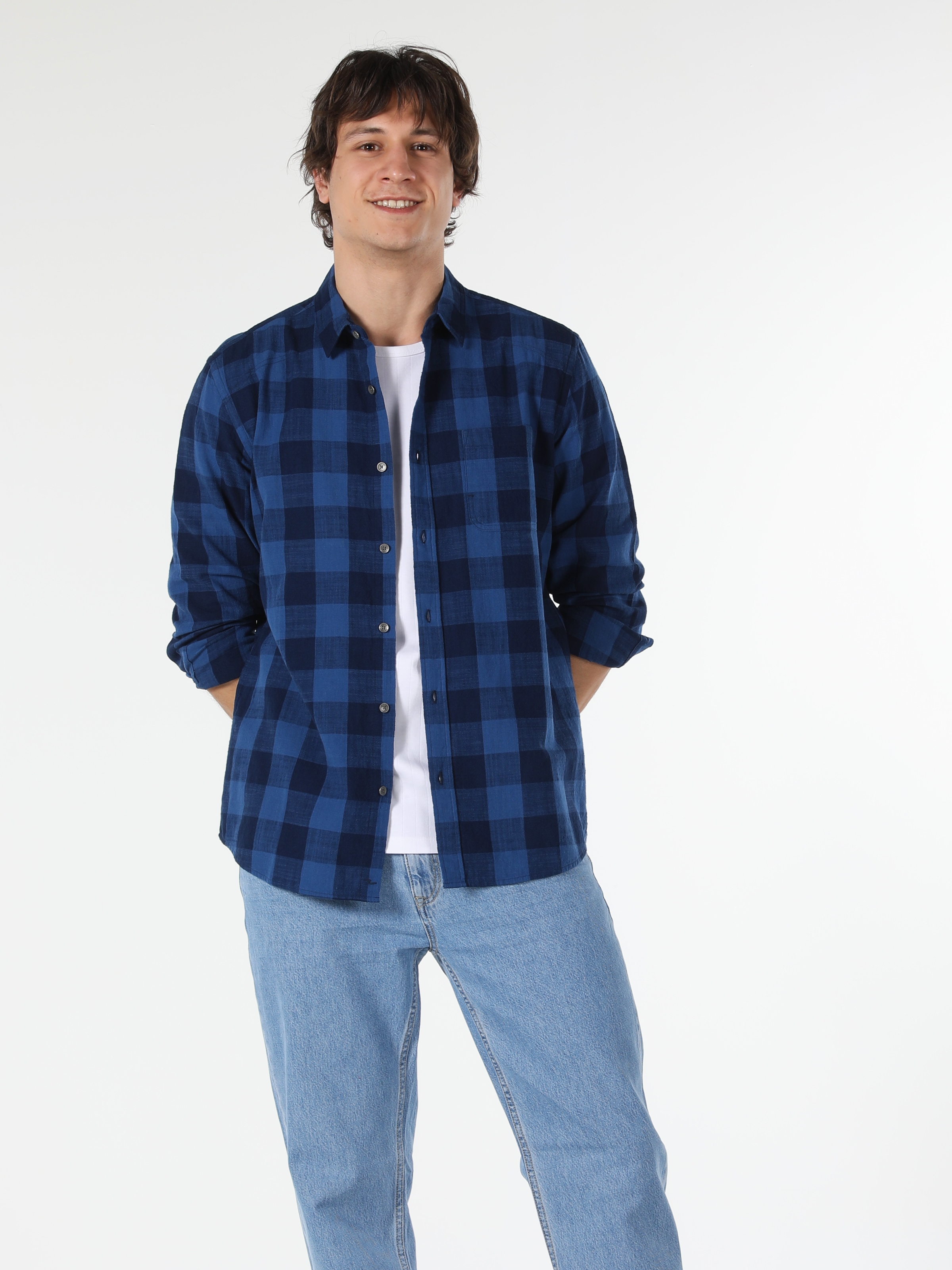 Regular Fit Shirt Neck Kareli Lacivert Erkek Uzun Kol Gömlek