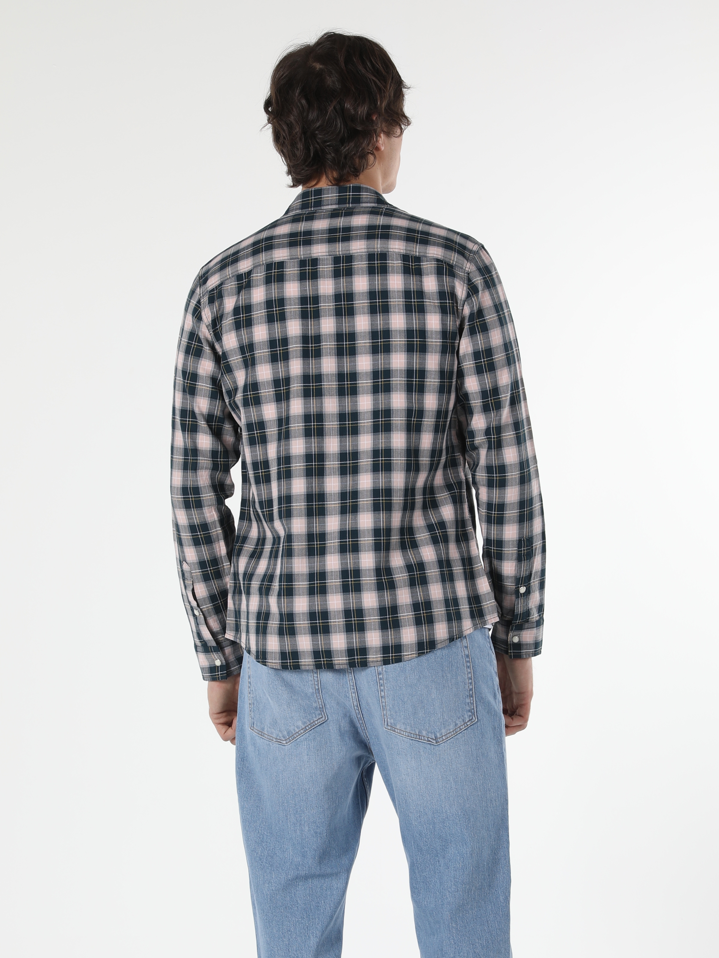Slim Fit Shirt Neck Kareli Lacivert Erkek Uzun Kol Gömlek