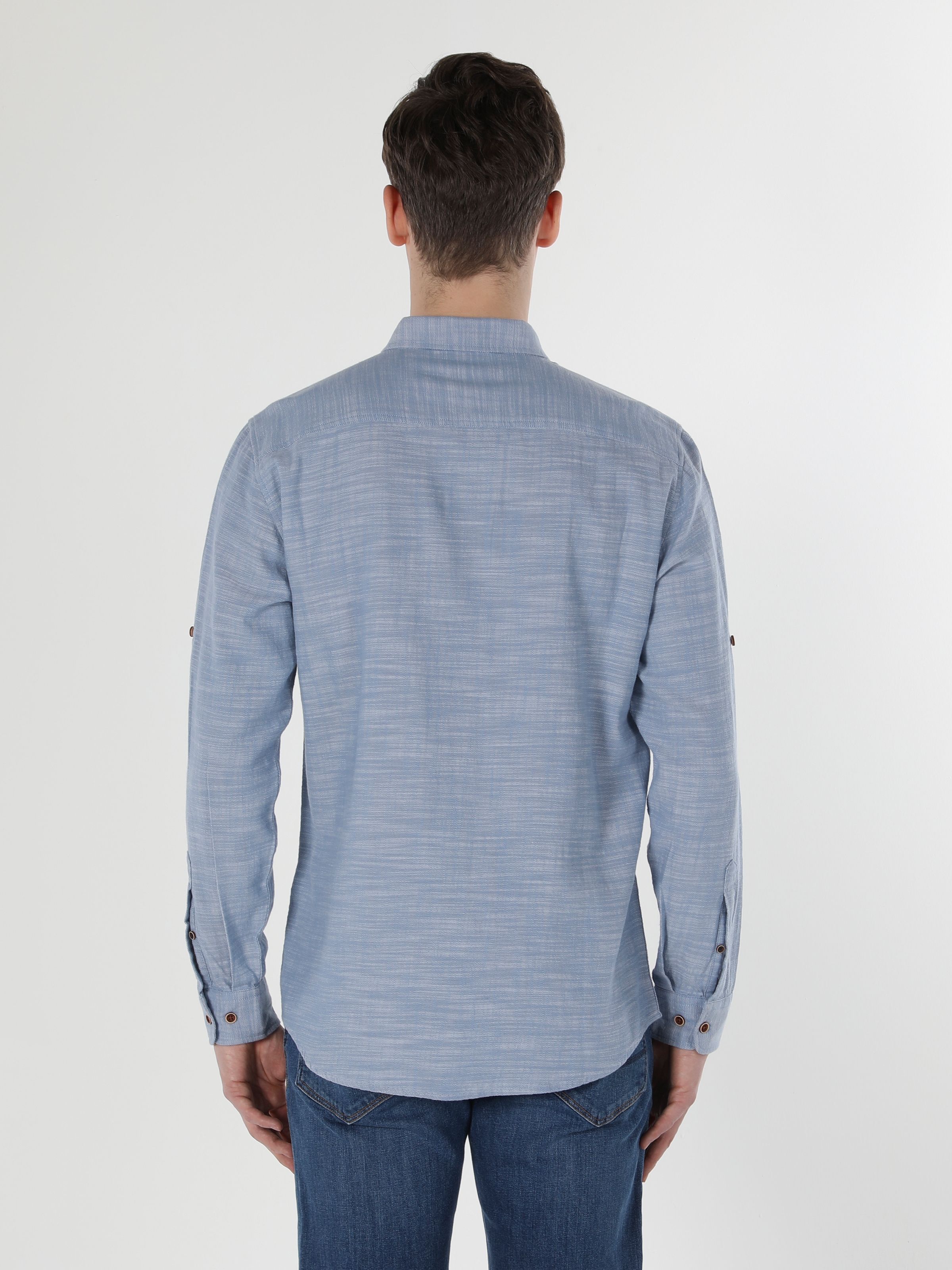 Regular Fit Shirt Neck Mavi Erkek Uzun Kol Gömlek Cl1053592