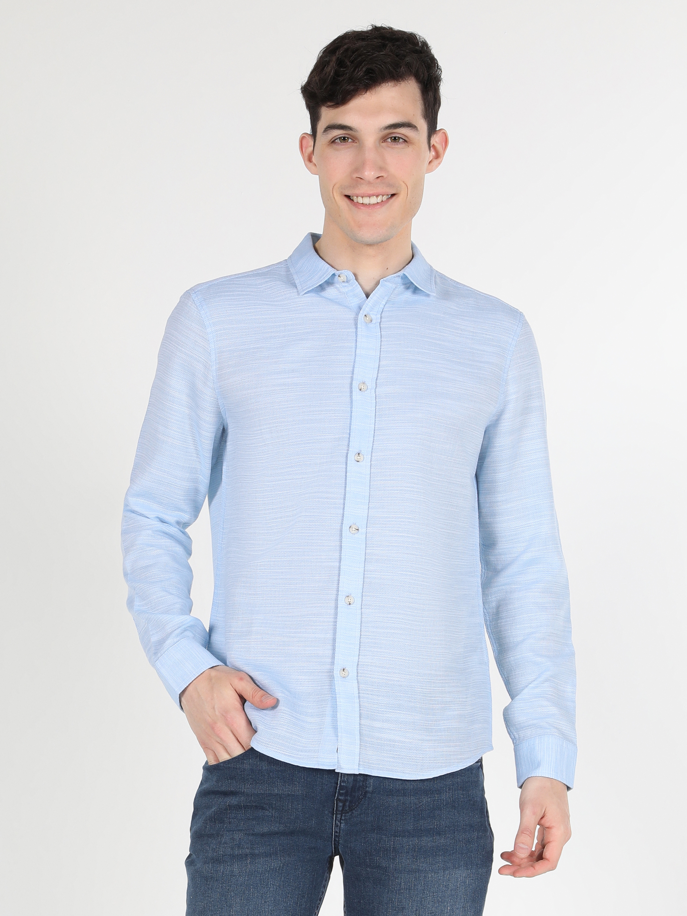 Slim Fit Shirt Neck Mavi Erkek Uzun Kol Gömlek Cl1058817
