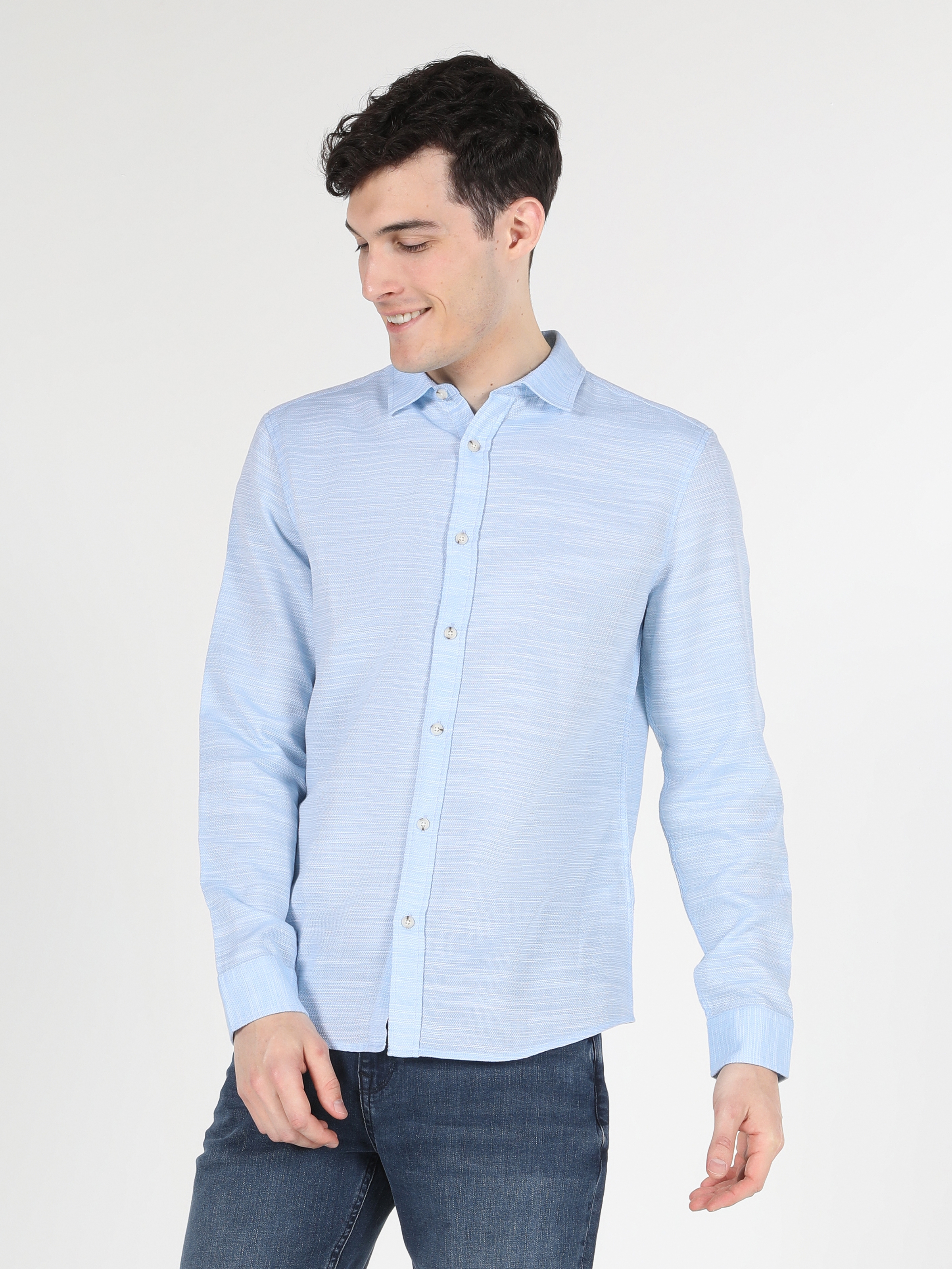 Colins Slim Fit Shirt Neck Mavi Erkek Uzun Kol Gömlek. 4