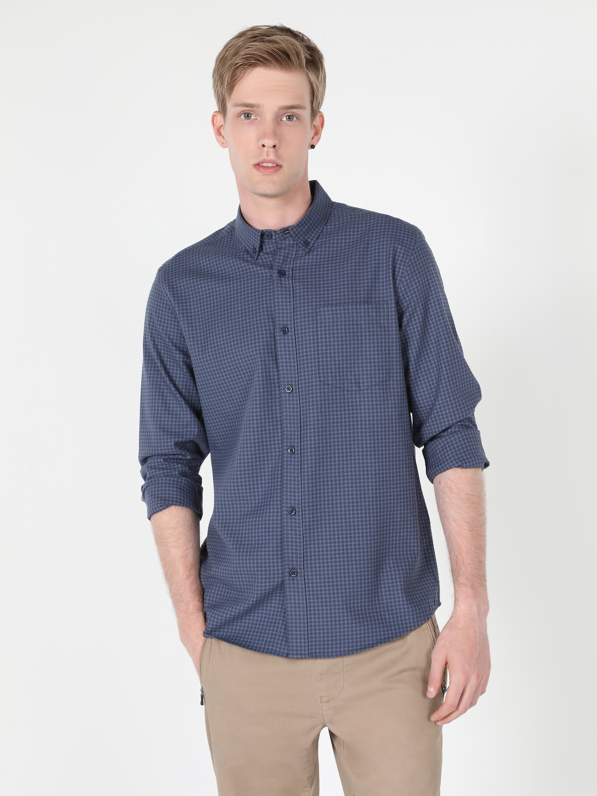 Regular Fit Shirt Neck Kareli Mavi Erkek Uzun Kol Gömlek Cl1044227