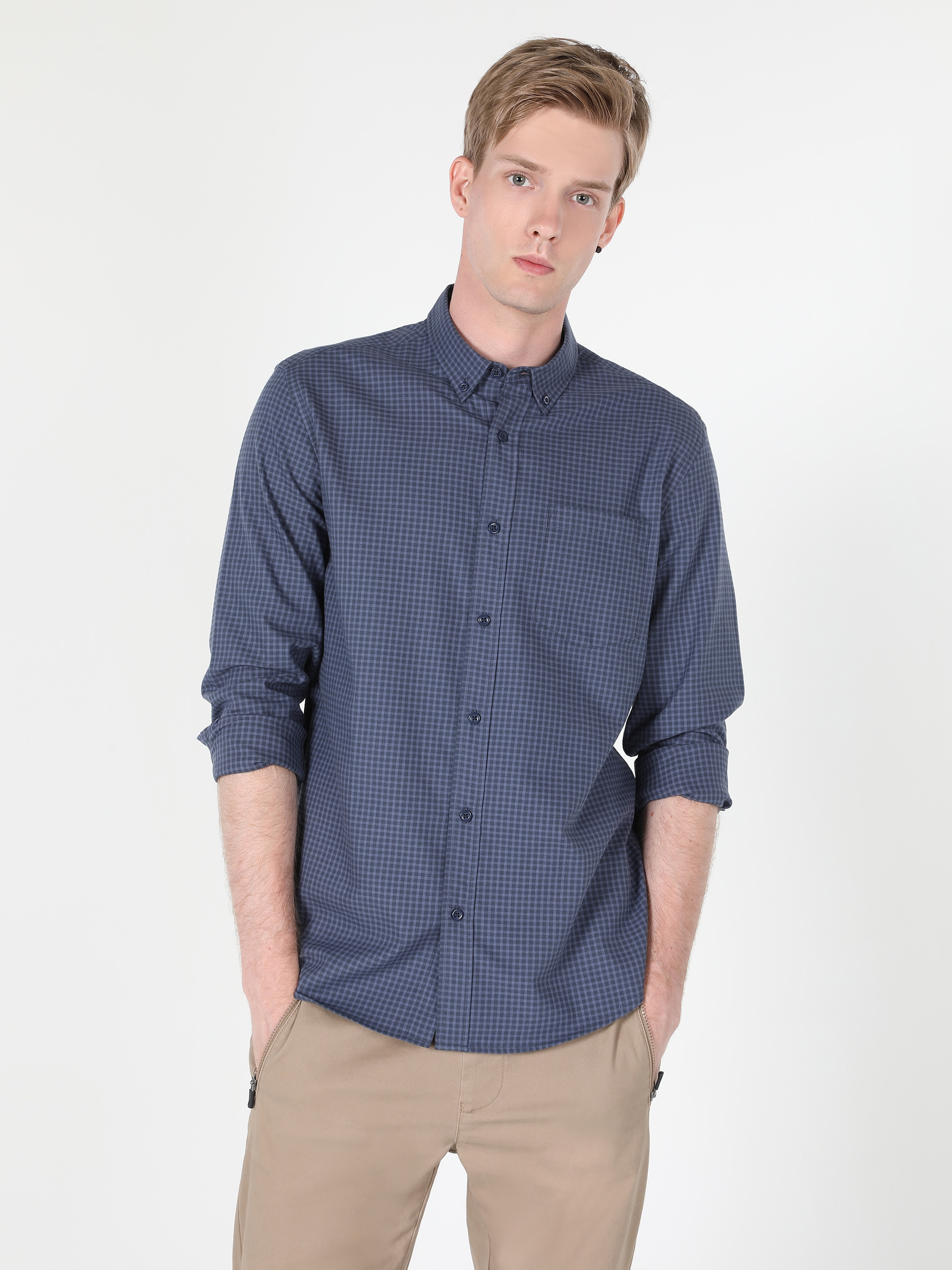 Regular Fit Shirt Neck Kareli Mavi Erkek Uzun Kol Gömlek Cl1044227