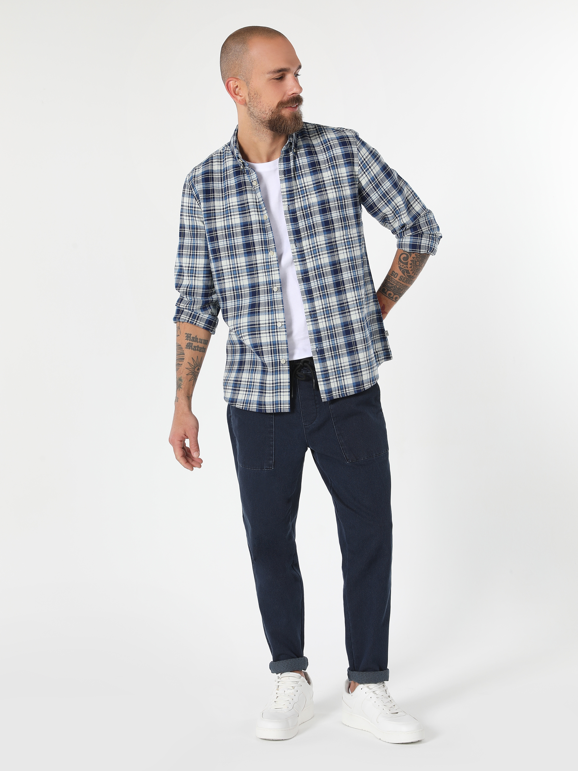 Slim Fit Kareli Mavi Erkek Uzun Kol Gömlek Cl1061678