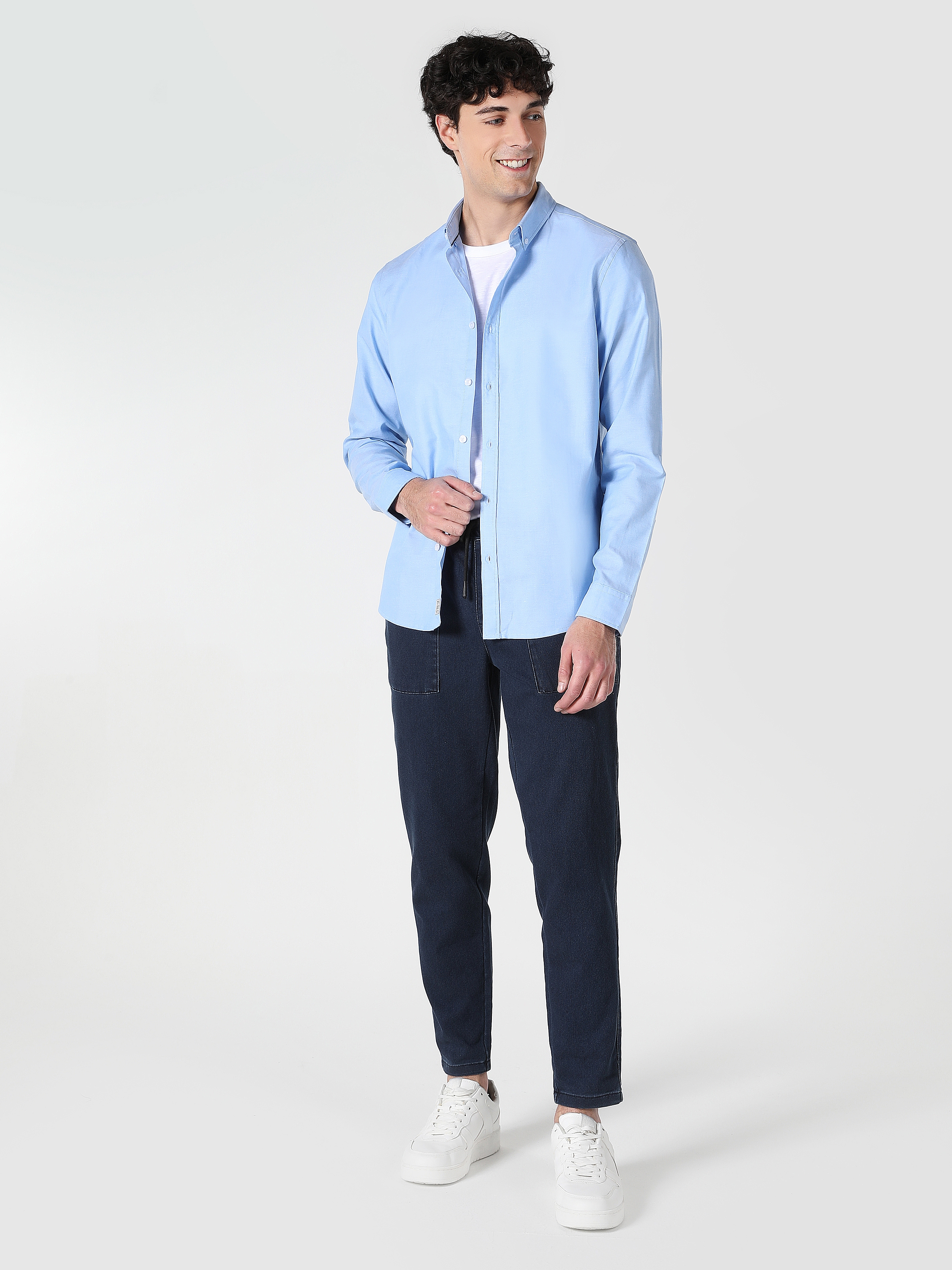 Colins Slim Fit Shirt Neck Mavi Erkek Uzun Kol Gömlek. 4