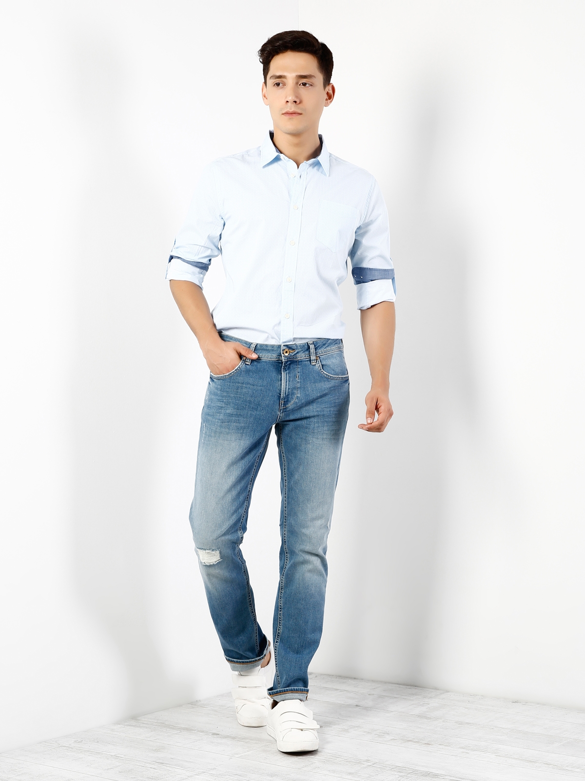 Açık Mavi Uzun Kol Jean Gömlek