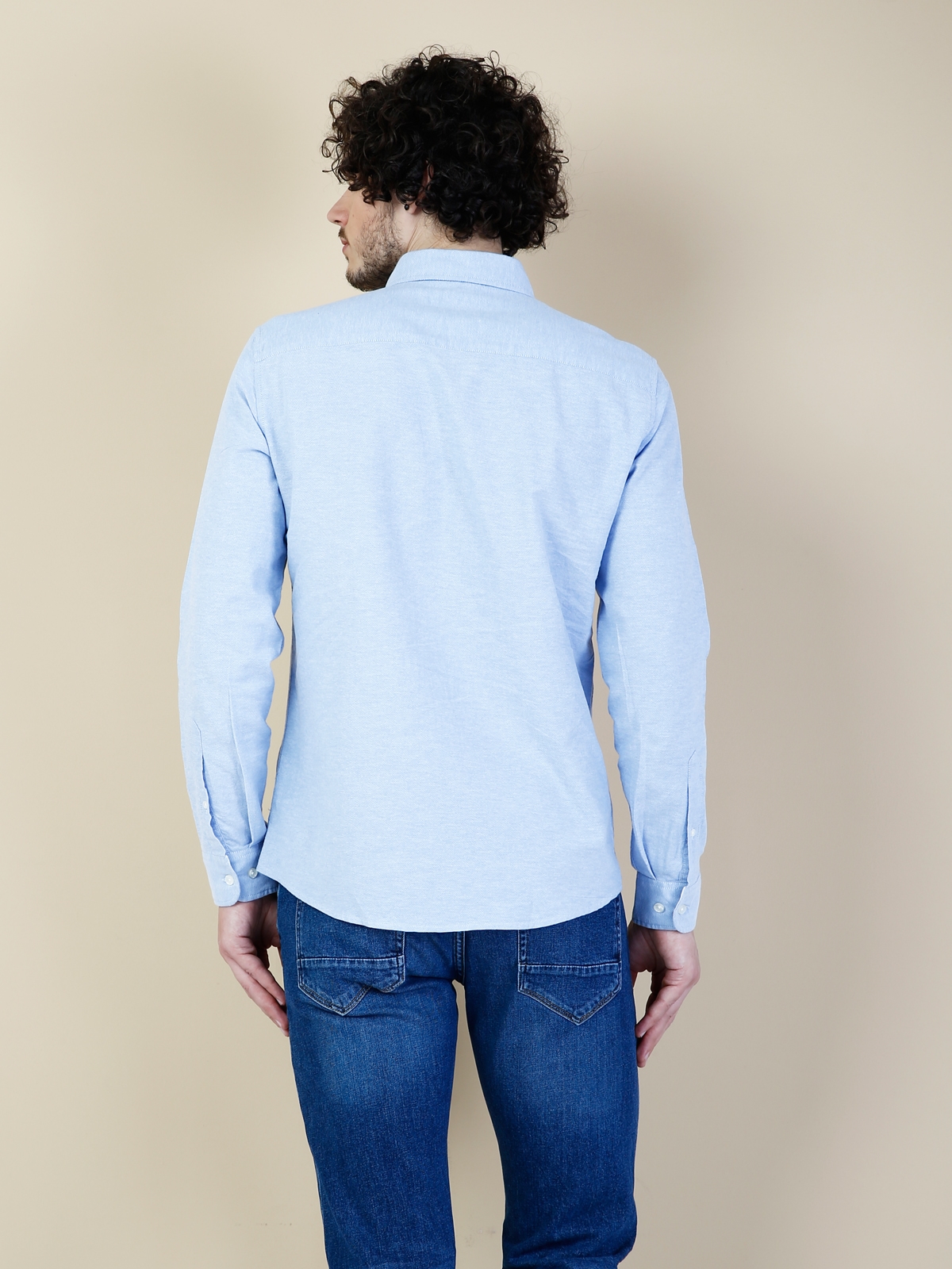 Regular Fit Shirt Neck Erkek Mavi Uzun Kol Gömlek Cl1031345