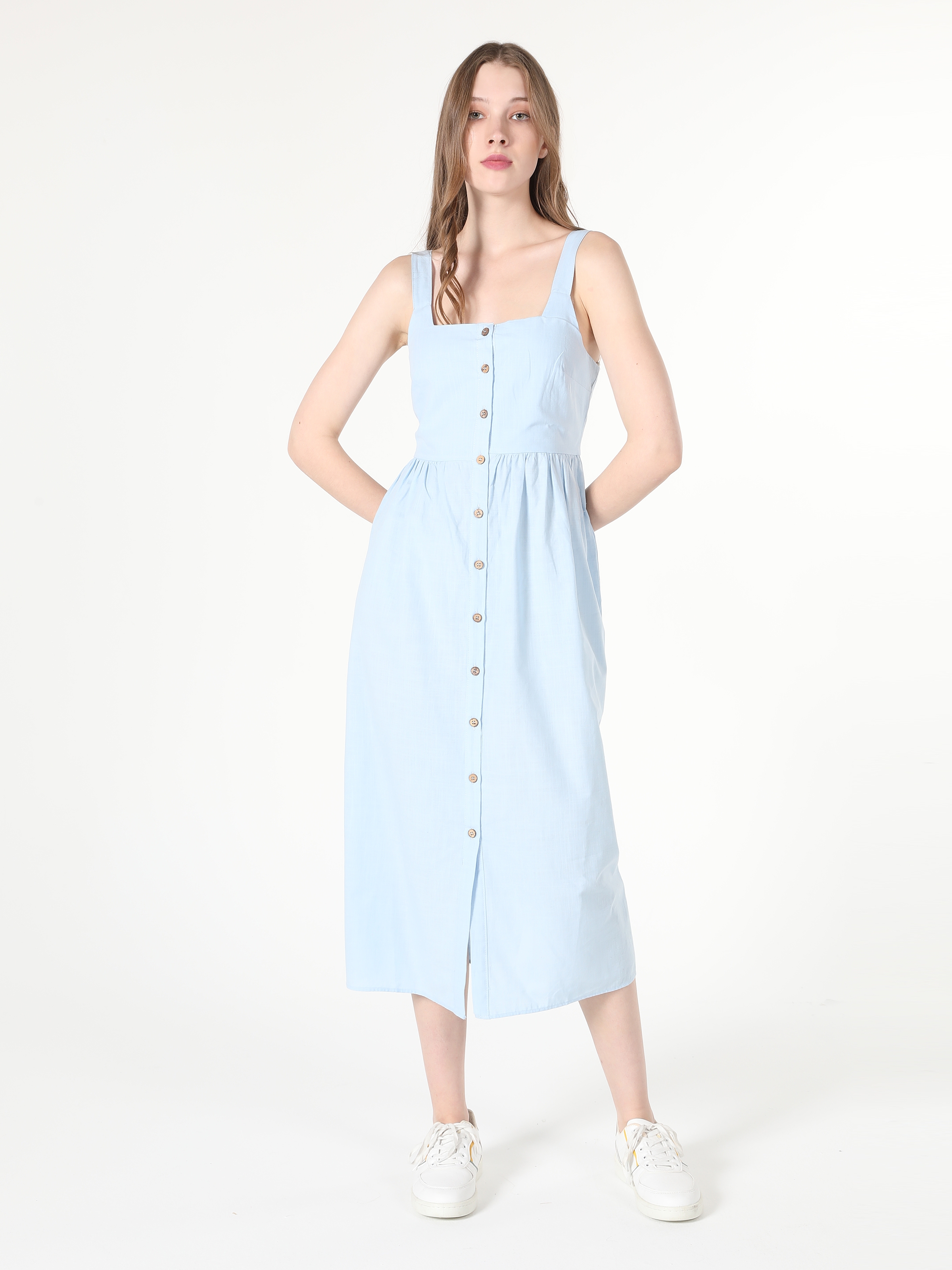 Slim Fit Düğmeli Mavi Kadın Elbise Cl1058862