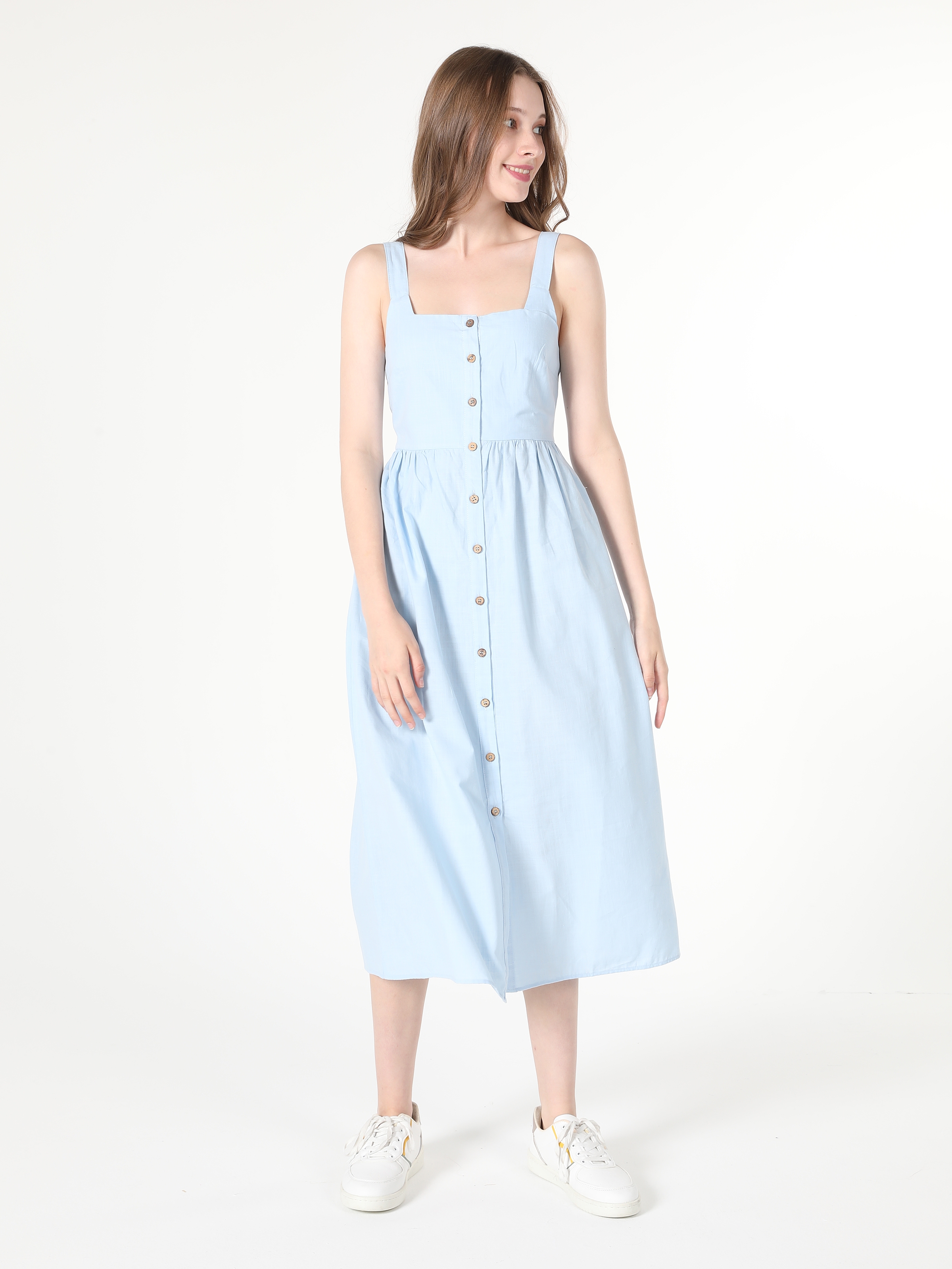 Slim Fit Düğmeli Mavi Kadın Elbise Cl1058862
