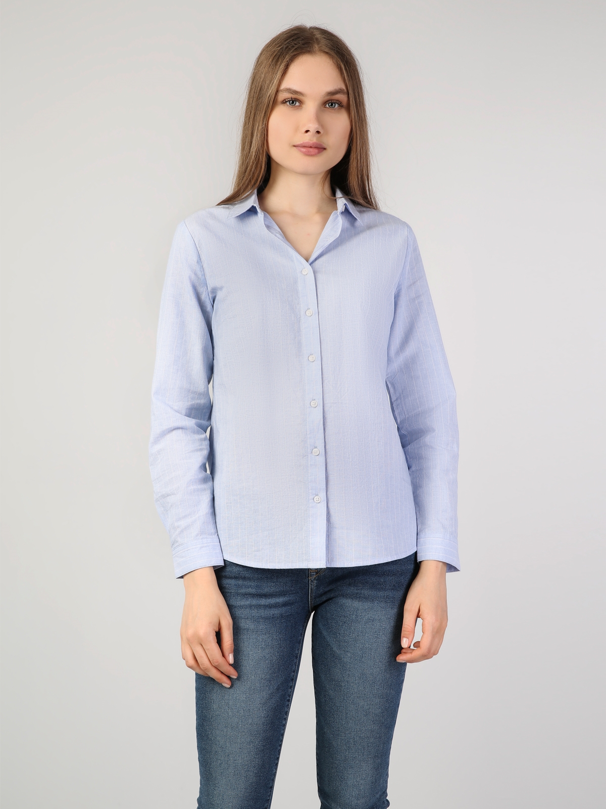 Slim Fit Shirt Neck Kadın Mavi Uzun Kol Gömlek
