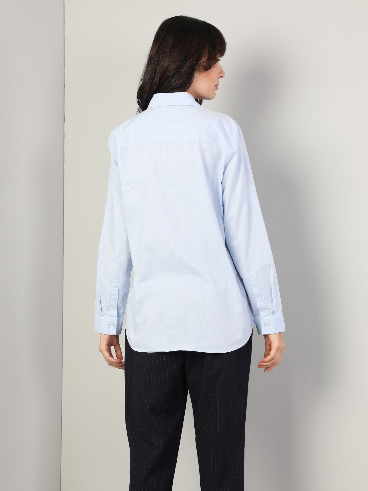 Regular Fit Shirt Neck Kadın Mavi Uzun Kol Gömlek