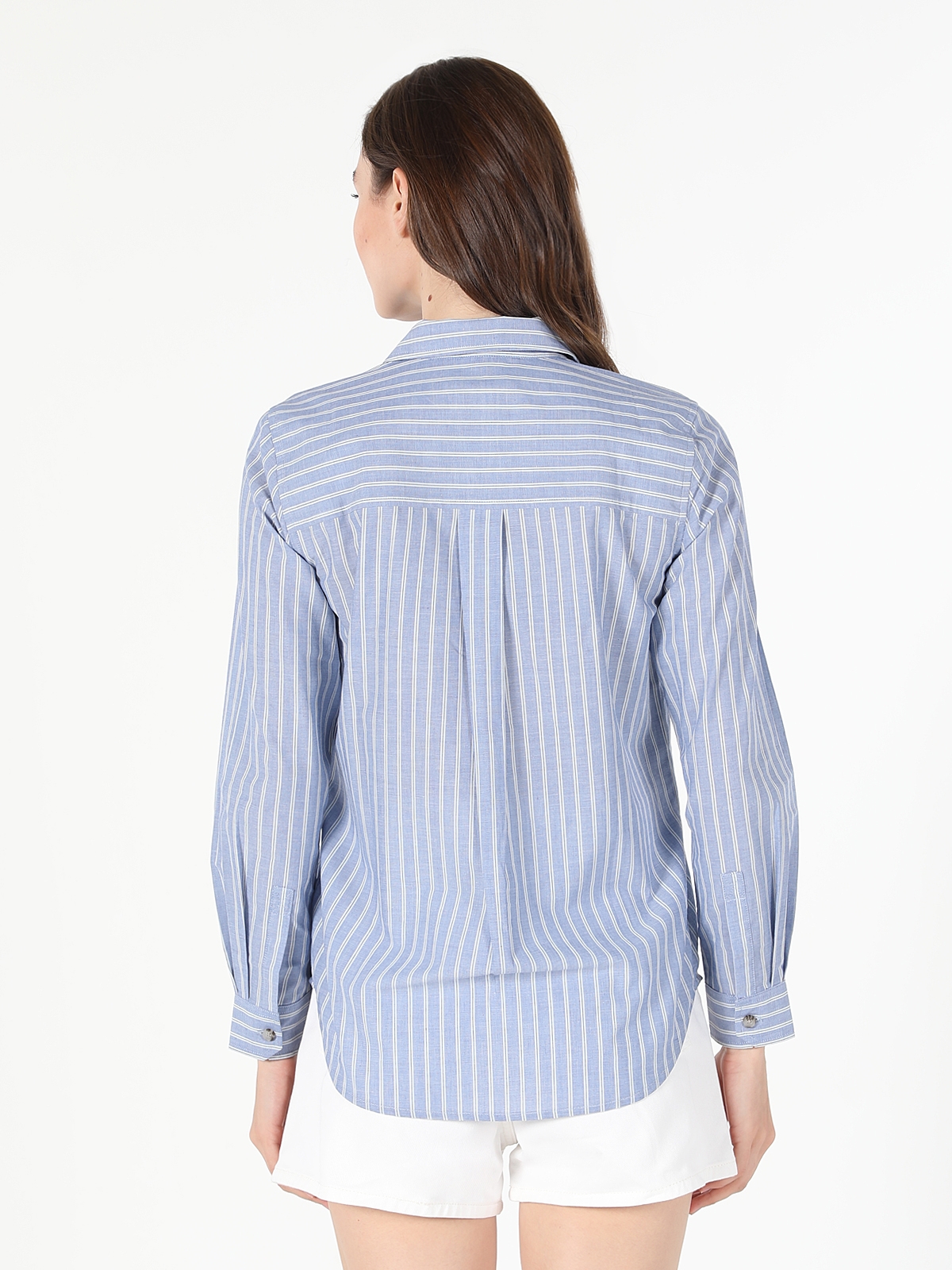 Regular Fit Shirt Neck Çizgili Baskılı Mavi Kadın Uzun Kol Gömlek Cl1058738