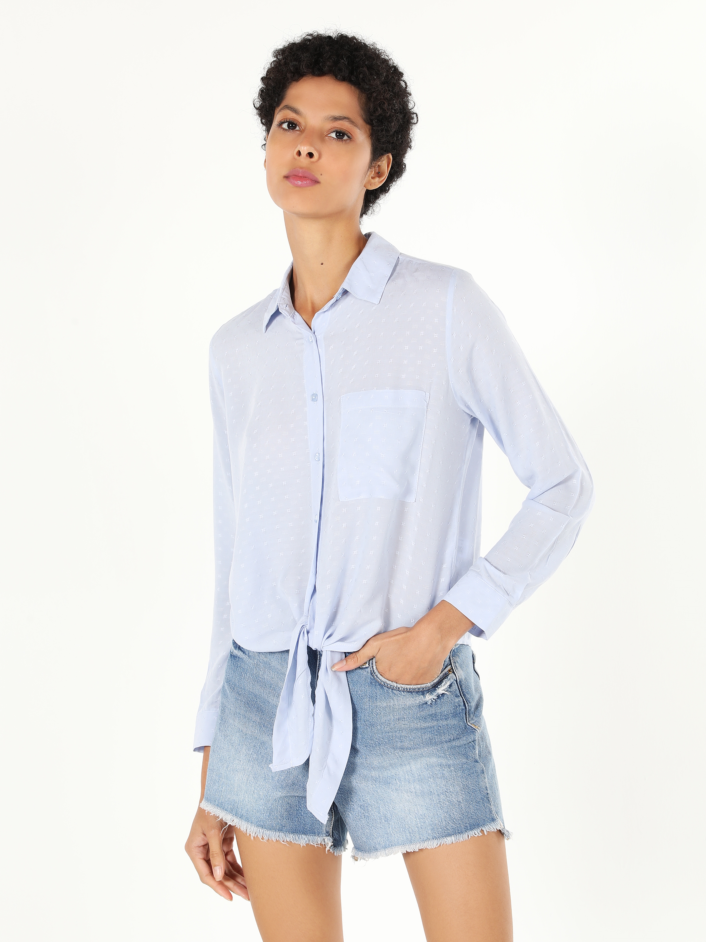 Slim Fit Shirt Neck Mavi Kadın Uzun Kol Gömlek Cl1058732