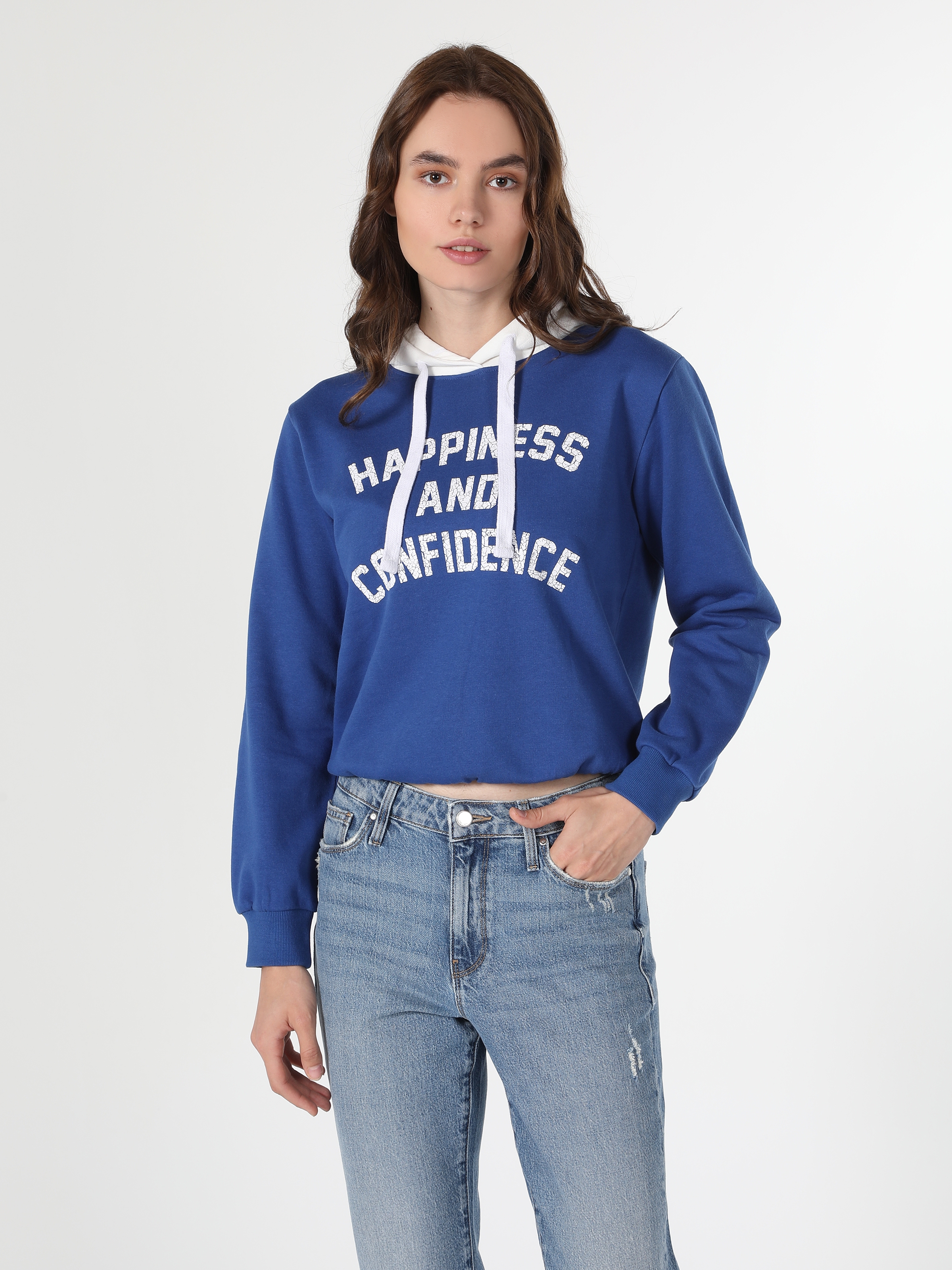 Colins Regular Fit Baskılı Kapüşonlu Mavi Kadın Sweatshirt. 5