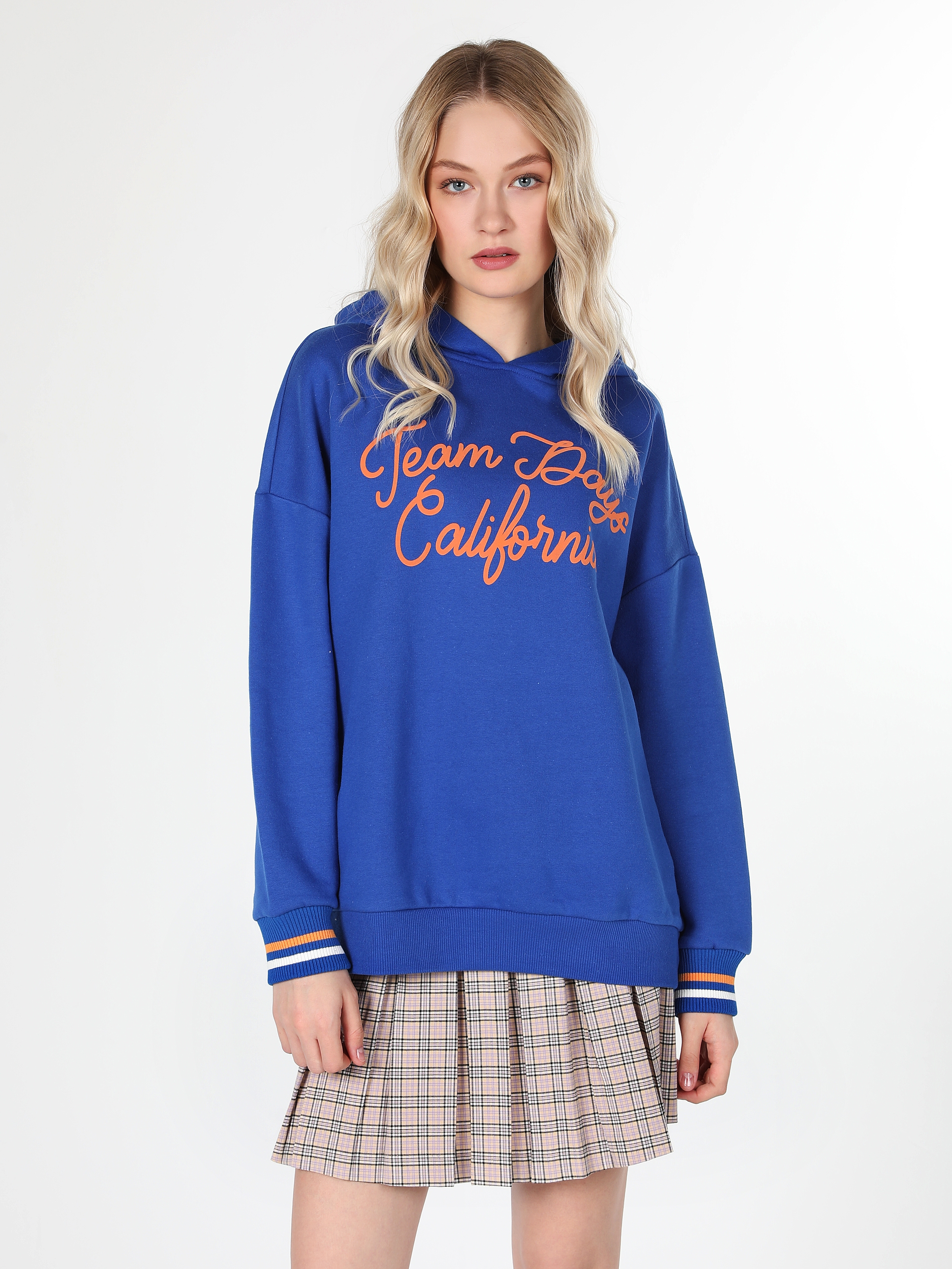 Oversize Kapüşonlu Mavi Kadın Sweatshirt