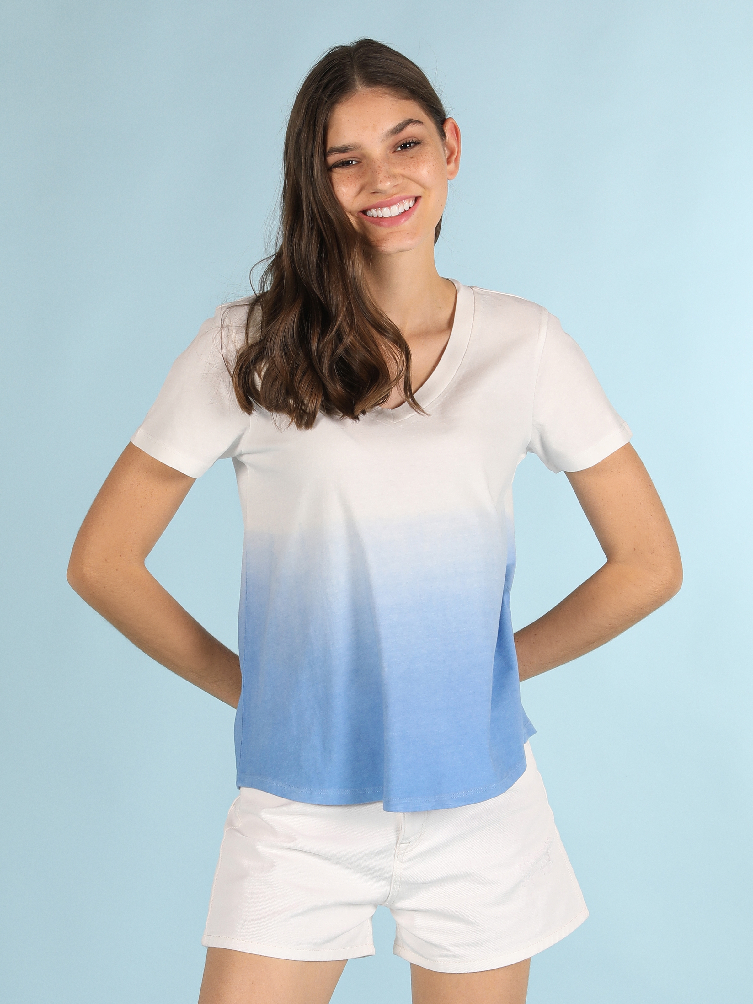 Regular Fit V Yaka Çift Renkli Kadın Mavi Kısa Kol Tişört