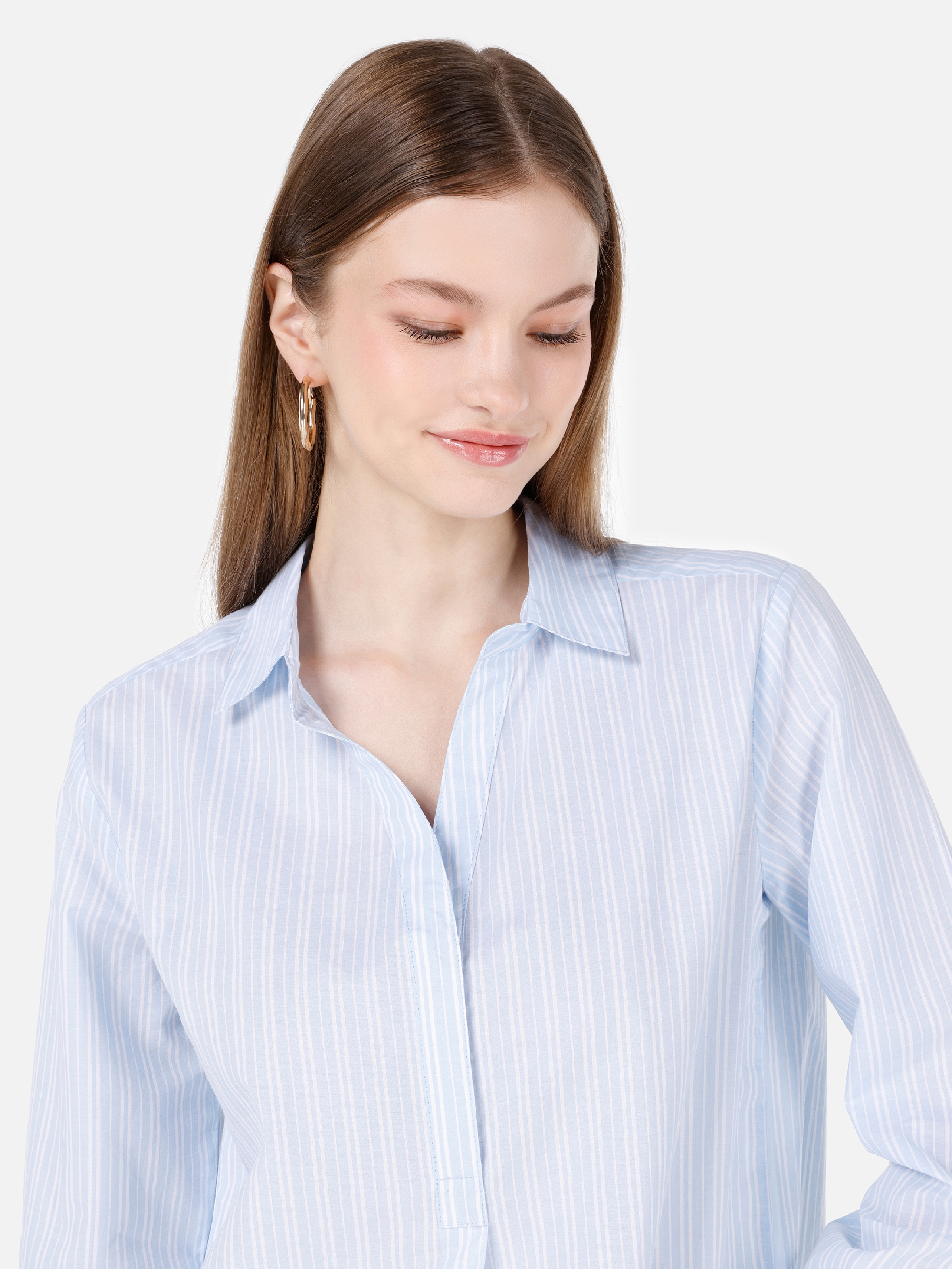 Normal Kesim Shirt Yaka Mavi Kadın Bluz U.Kol