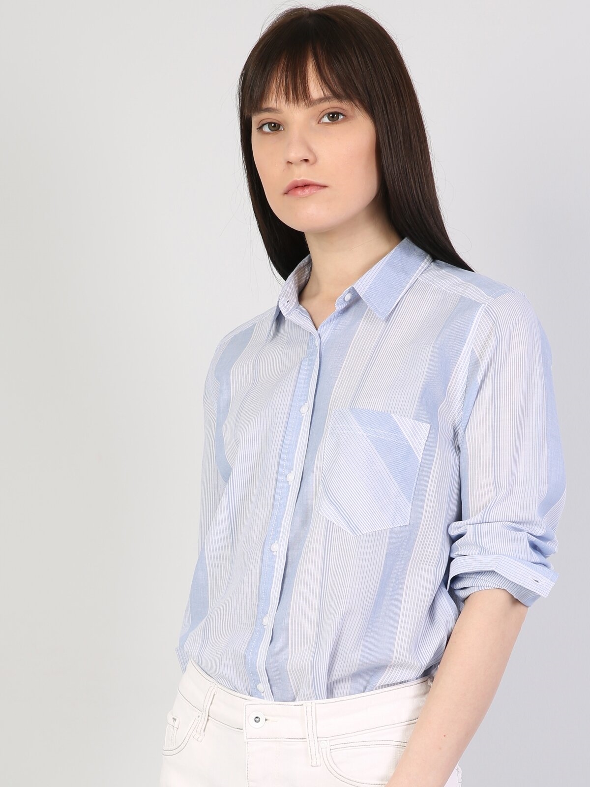 Regular Fit Shirt Neck Kadın Mavi Uzun Kol Gömlek