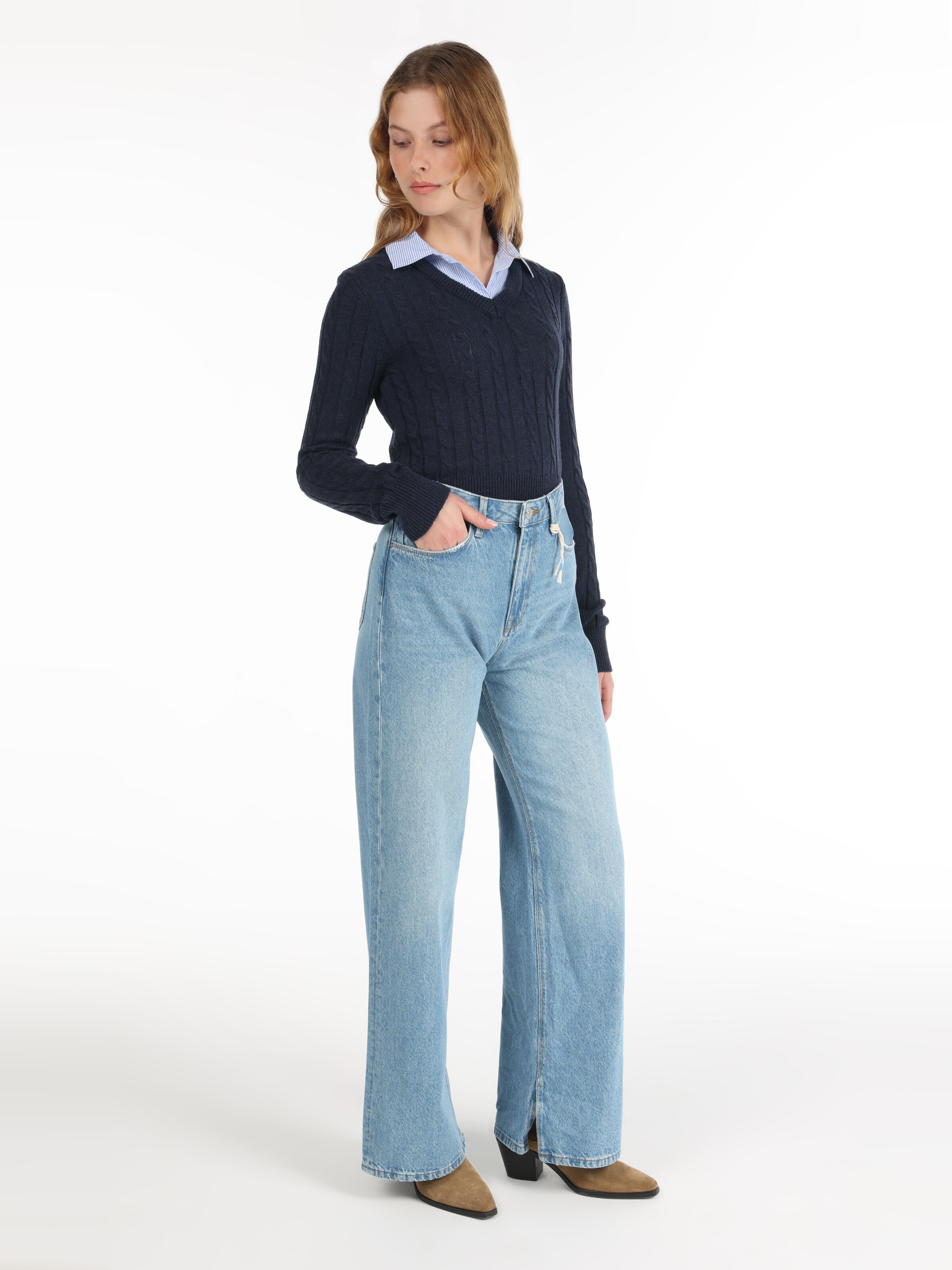 970 Berry Regular Fit Yüksek Bel Geniş Paça Mavi Kadın Pantolon Cl1063505