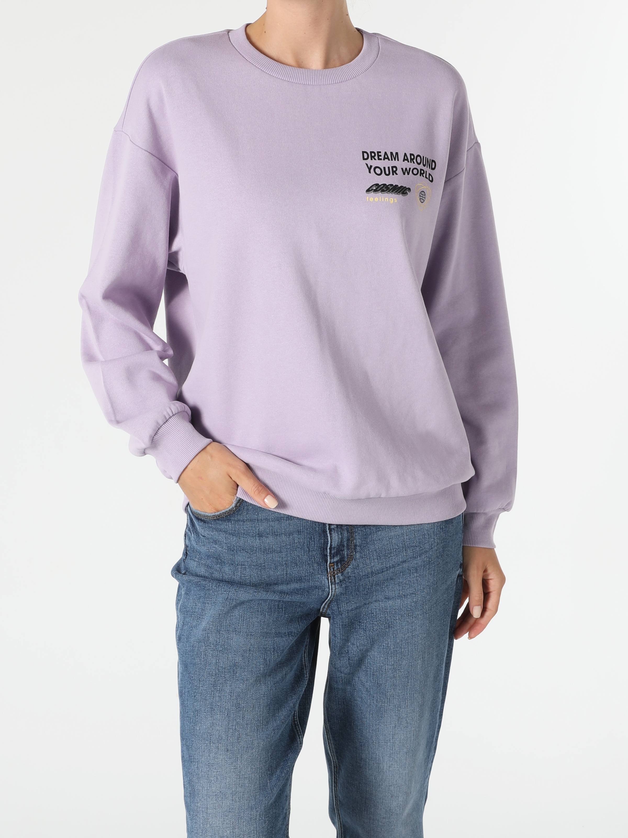 Oversize Fit Yazılı Mor Kadın Sweatshirt
