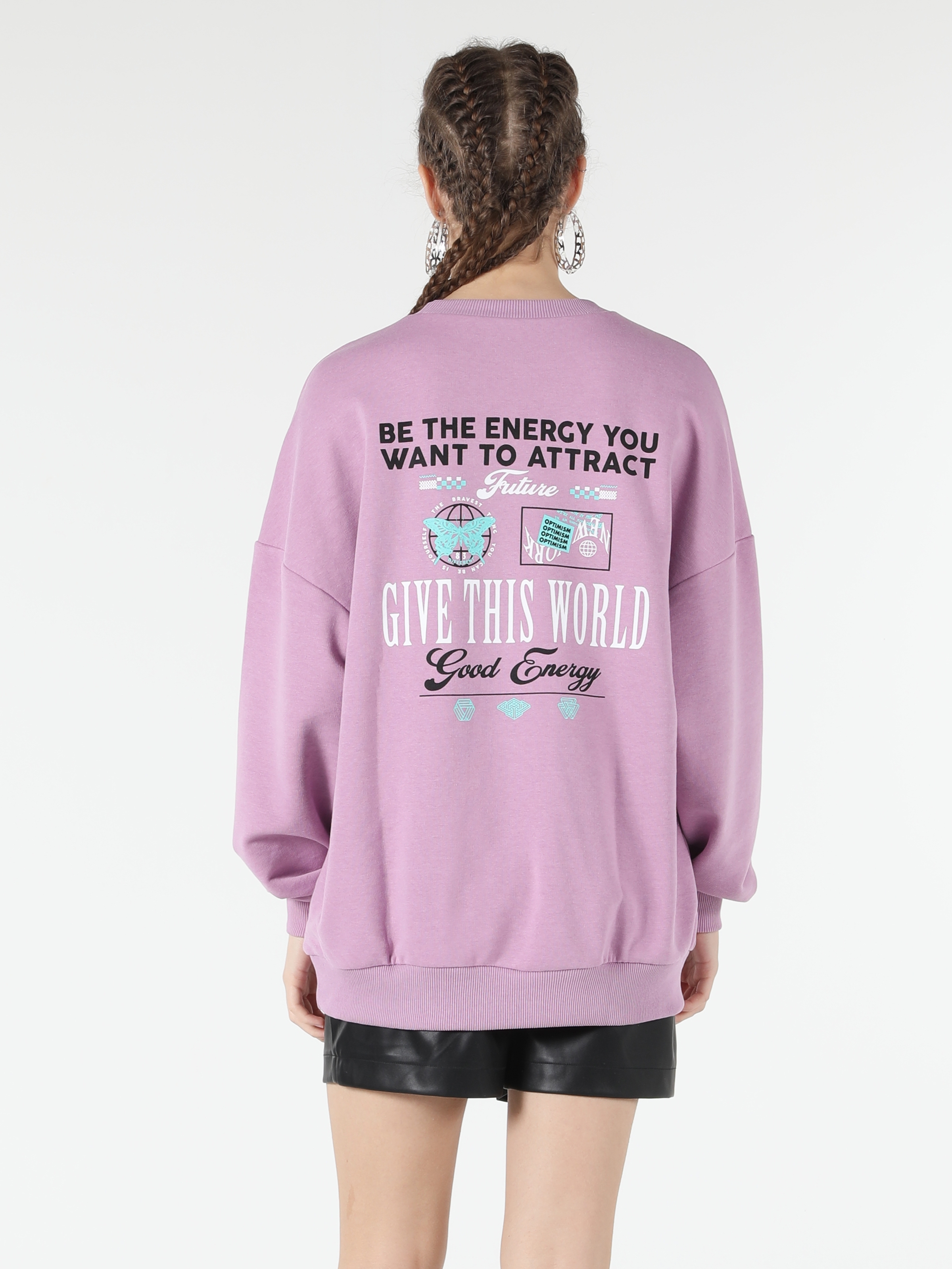 Oversize Fit Yazılı Mor Kadın Sweatshirt