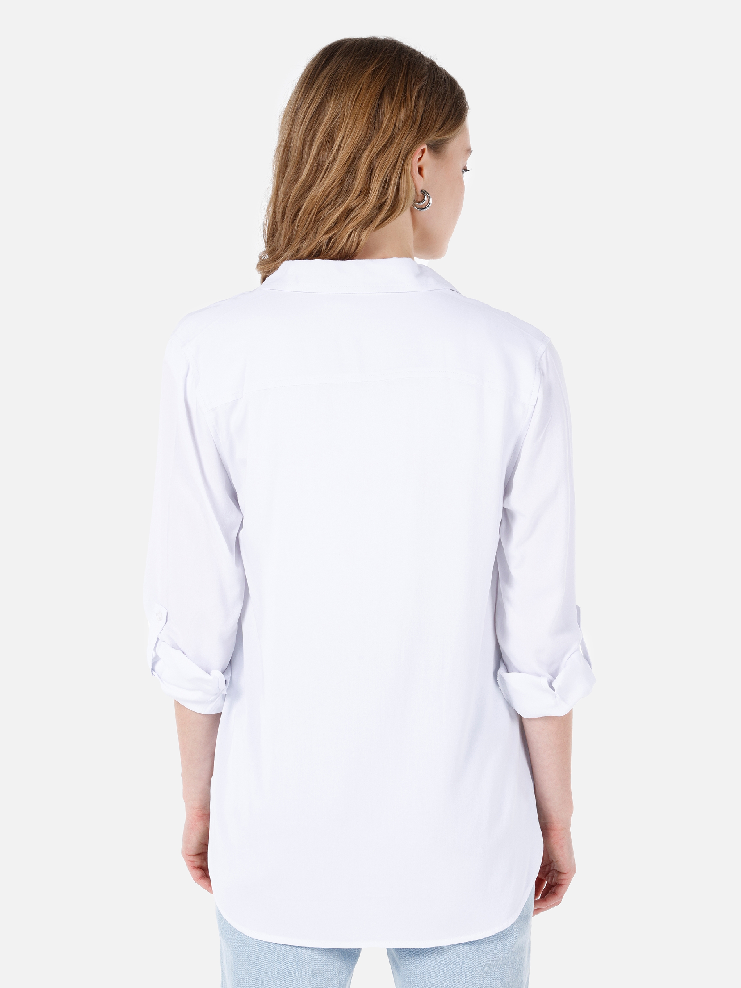 Regular Fit Cepli Beyaz Kadın Uzun Kol Gömlek Cl1053348