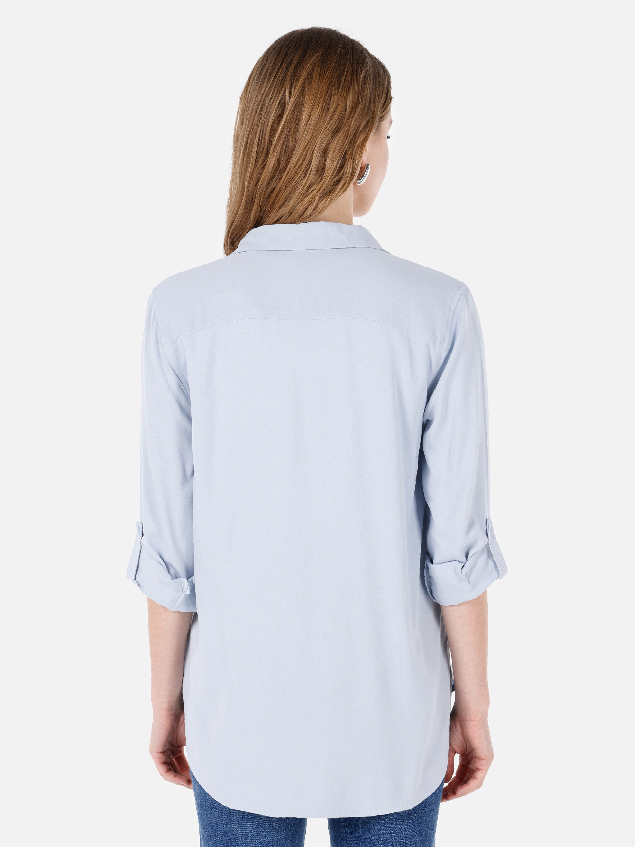 Regular Fit Cepli Mavi Kadın Uzun Kol Gömlek CL1053348