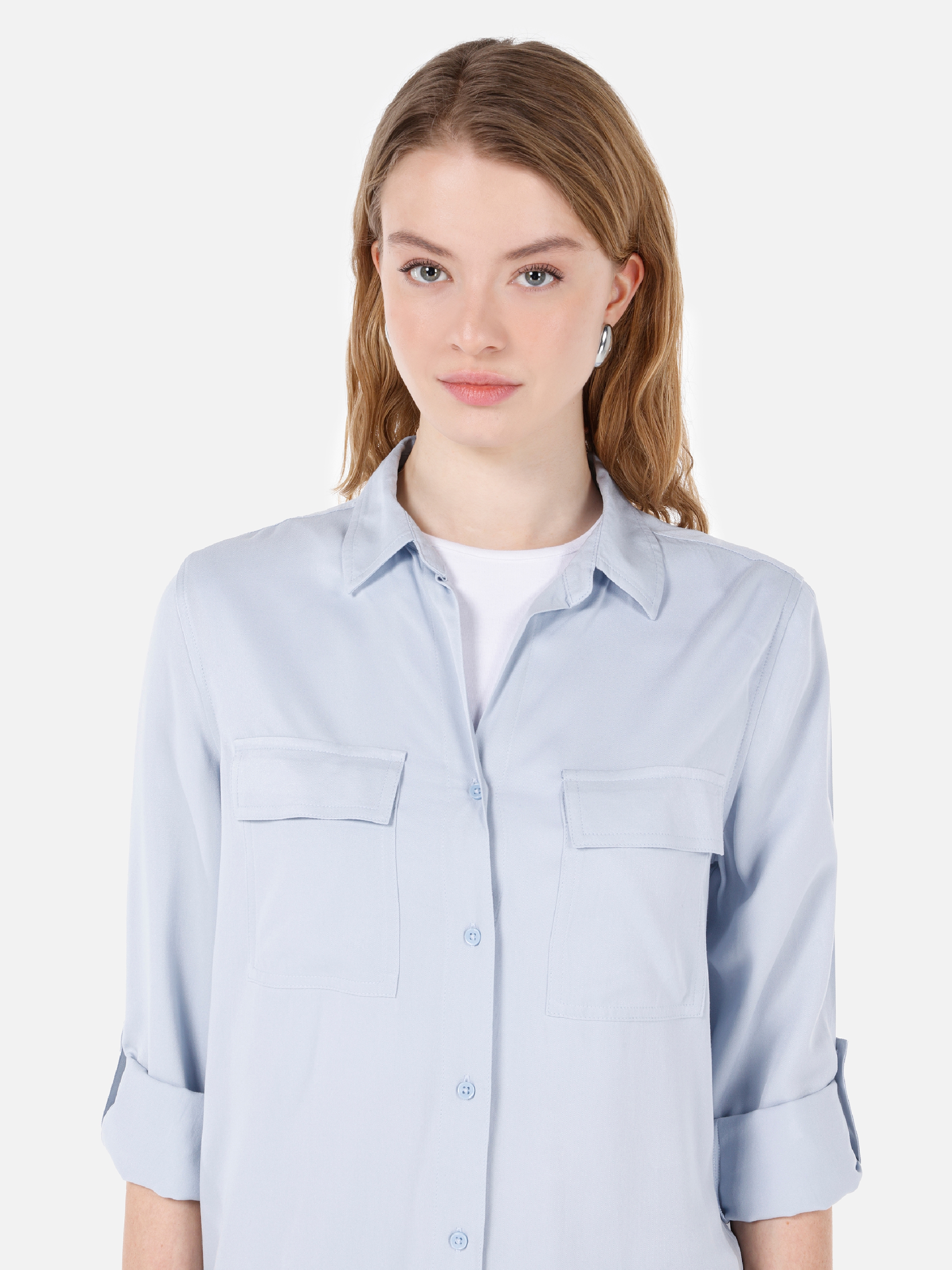 Regular Fit Cepli Mavi Kadın Uzun Kol Gömlek CL1053348