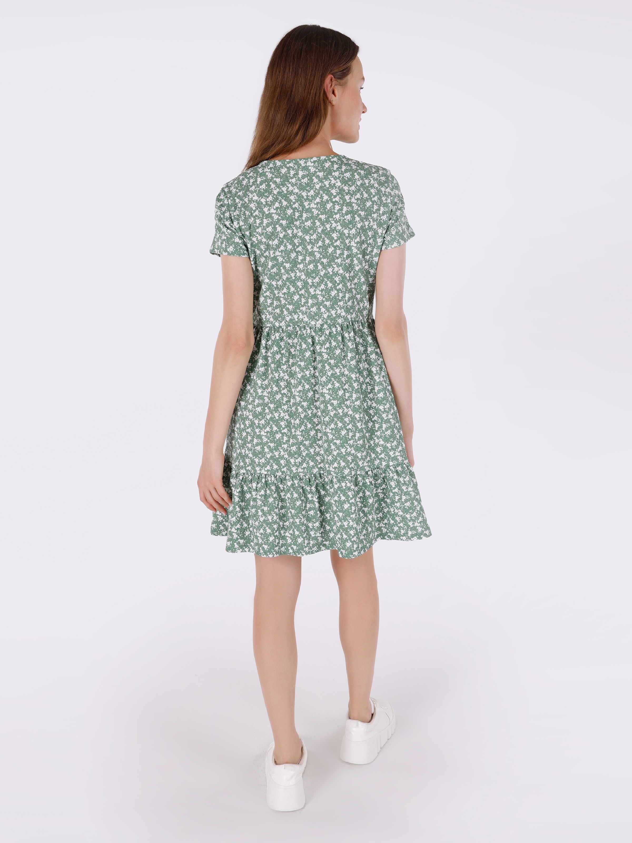 Regular Fit Çiçek Baskılı Yeşil Kadın Elbise