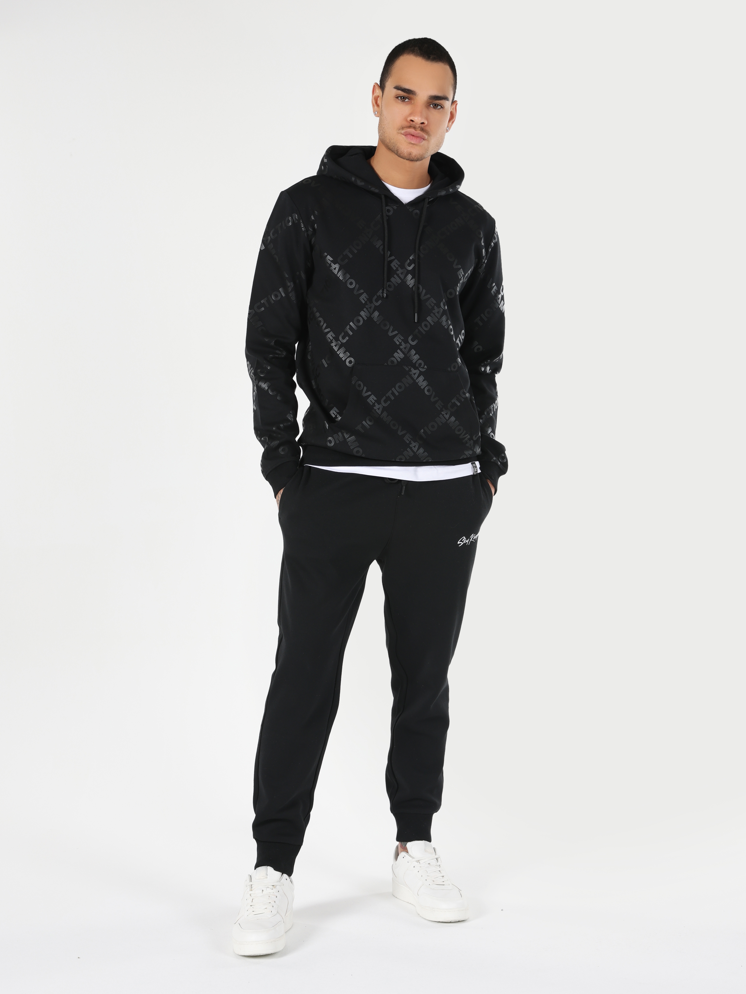 Regular Fit Desenli Kapüşonlu Siyah Erkek Sweatshirt Cl1061701