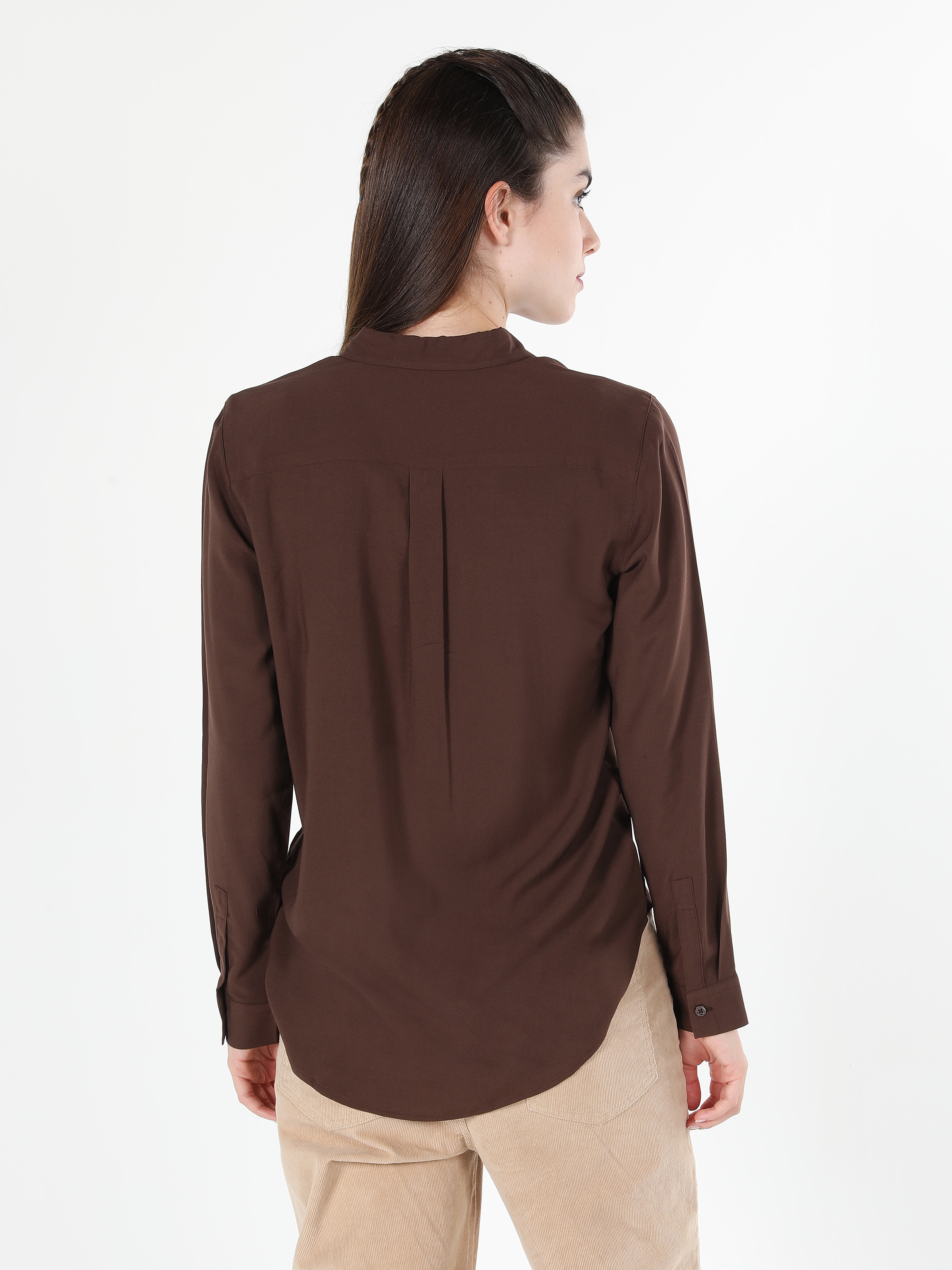 Regular Fit Shirt Neck Kahverengi Kadın Uzun Kol Gömlek CL1050927