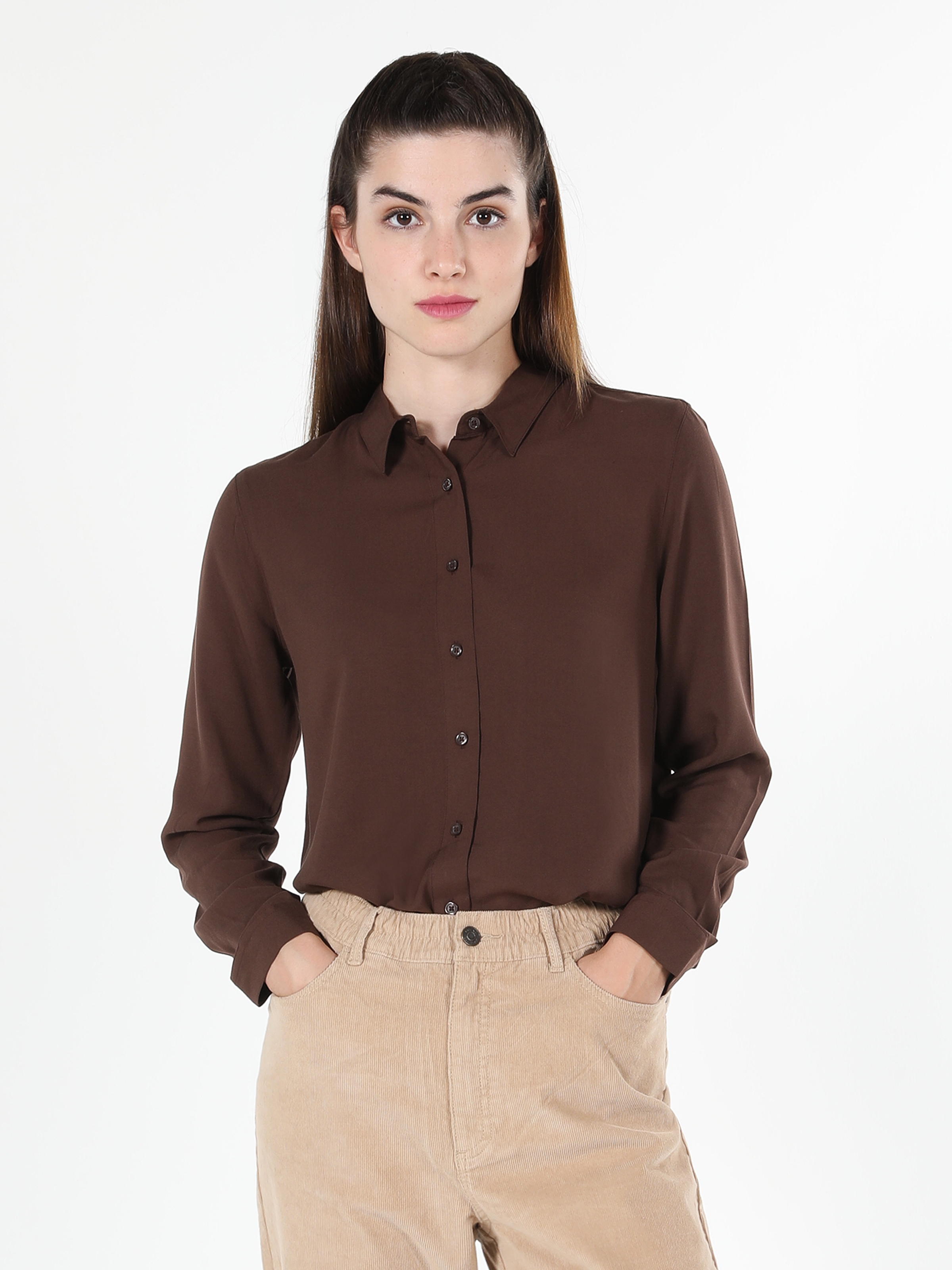 Regular Fit Shirt Neck Kahverengi Kadın Uzun Kol Gömlek CL1050927