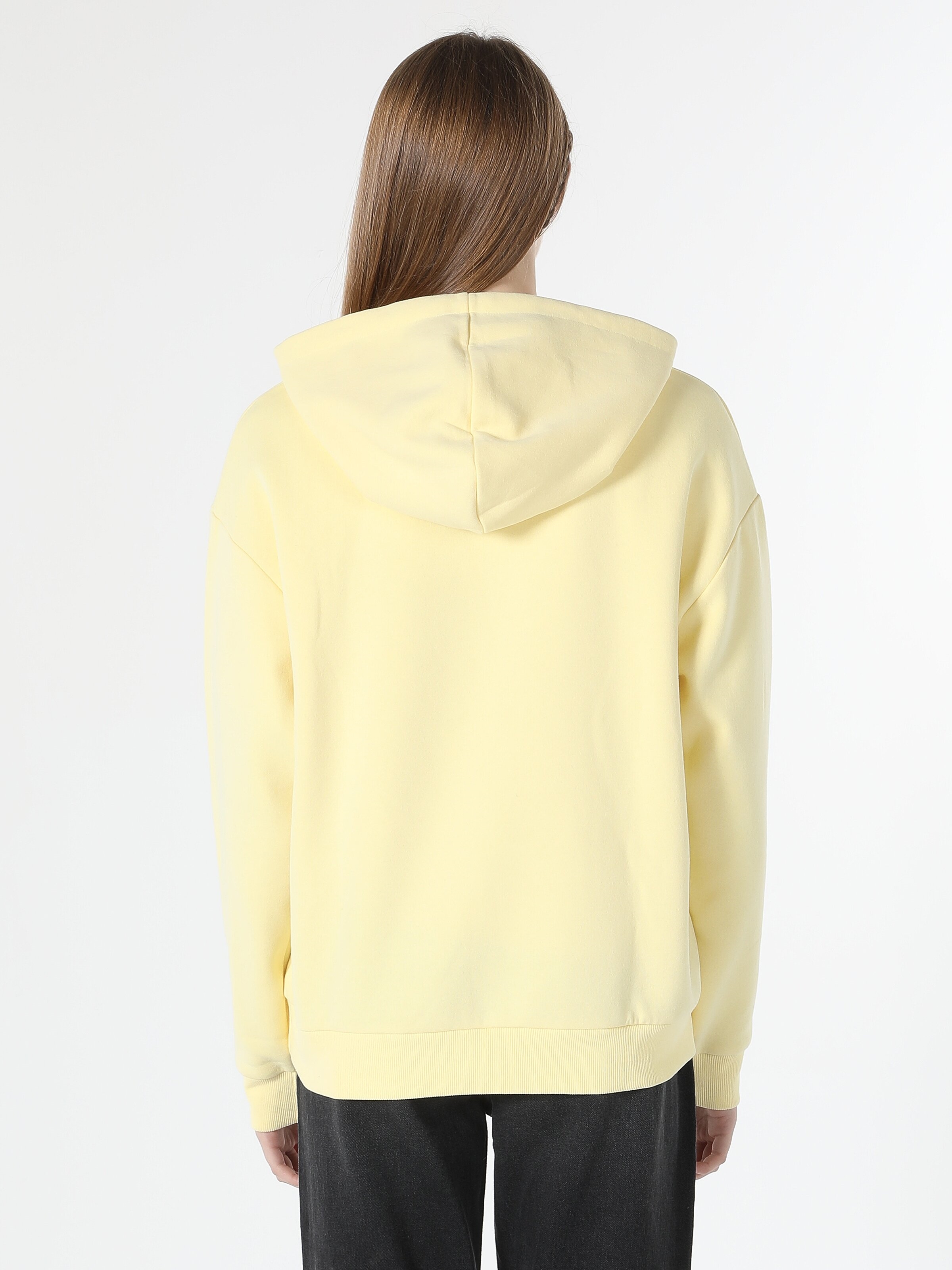 Regular Fit Baskılı Kapüşonlu Kadın Sarı Sweatshirt