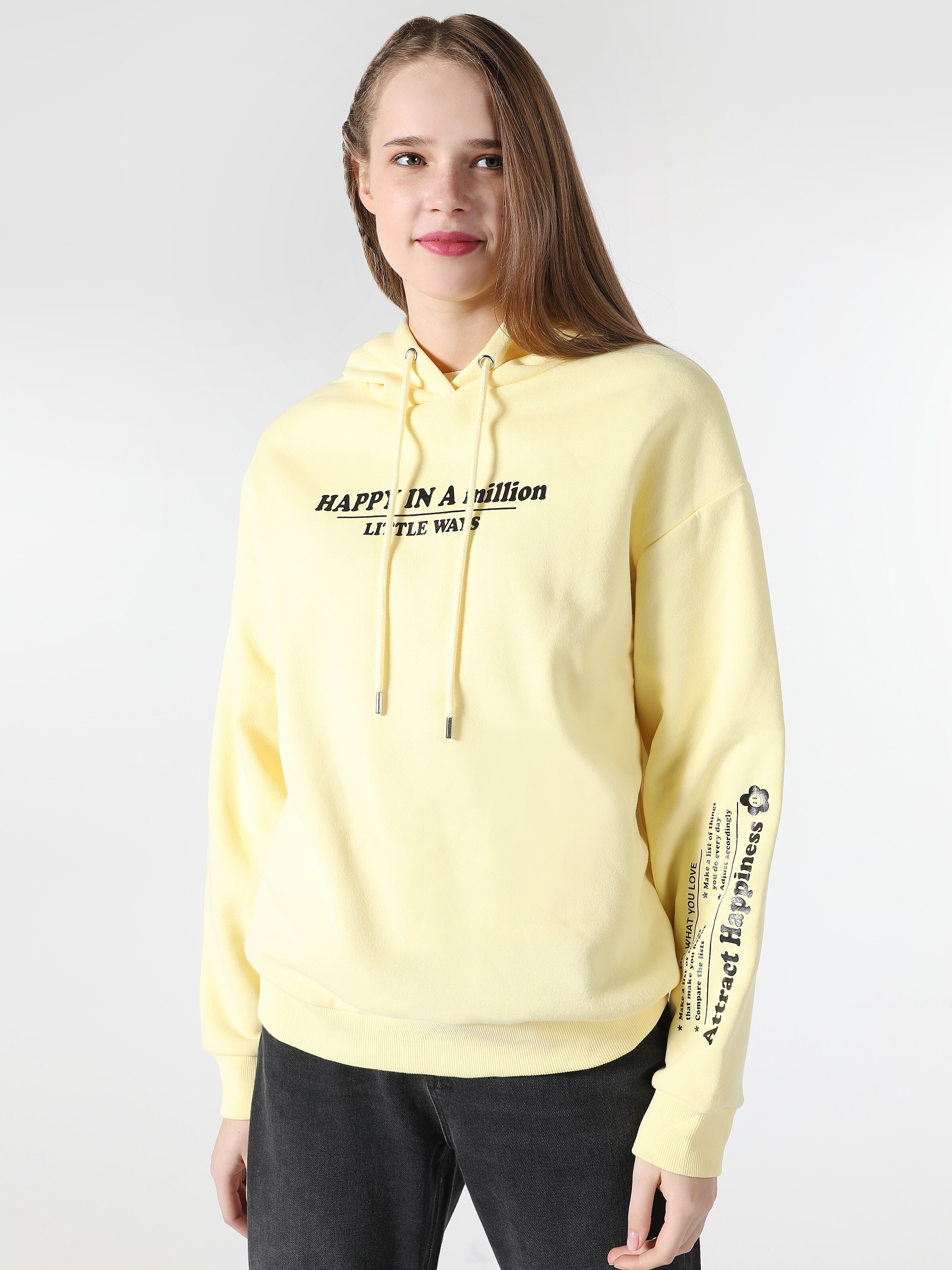 Regular Fit Baskılı Kapüşonlu Kadın Sarı Sweatshirt
