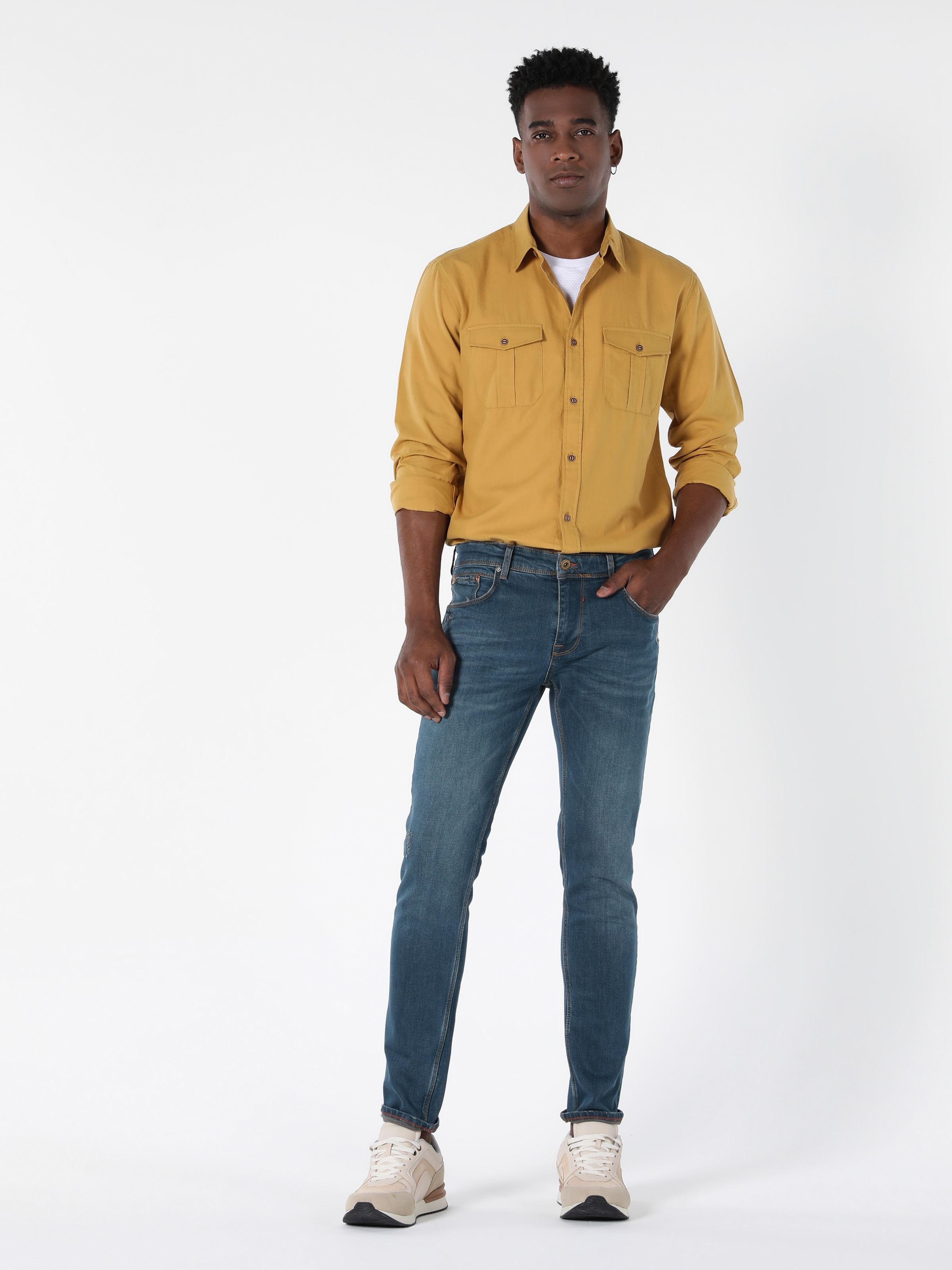 Normal Kesim Cep Detaylı Sarı Erkek Uzun Kol Gömlek Cl1058248